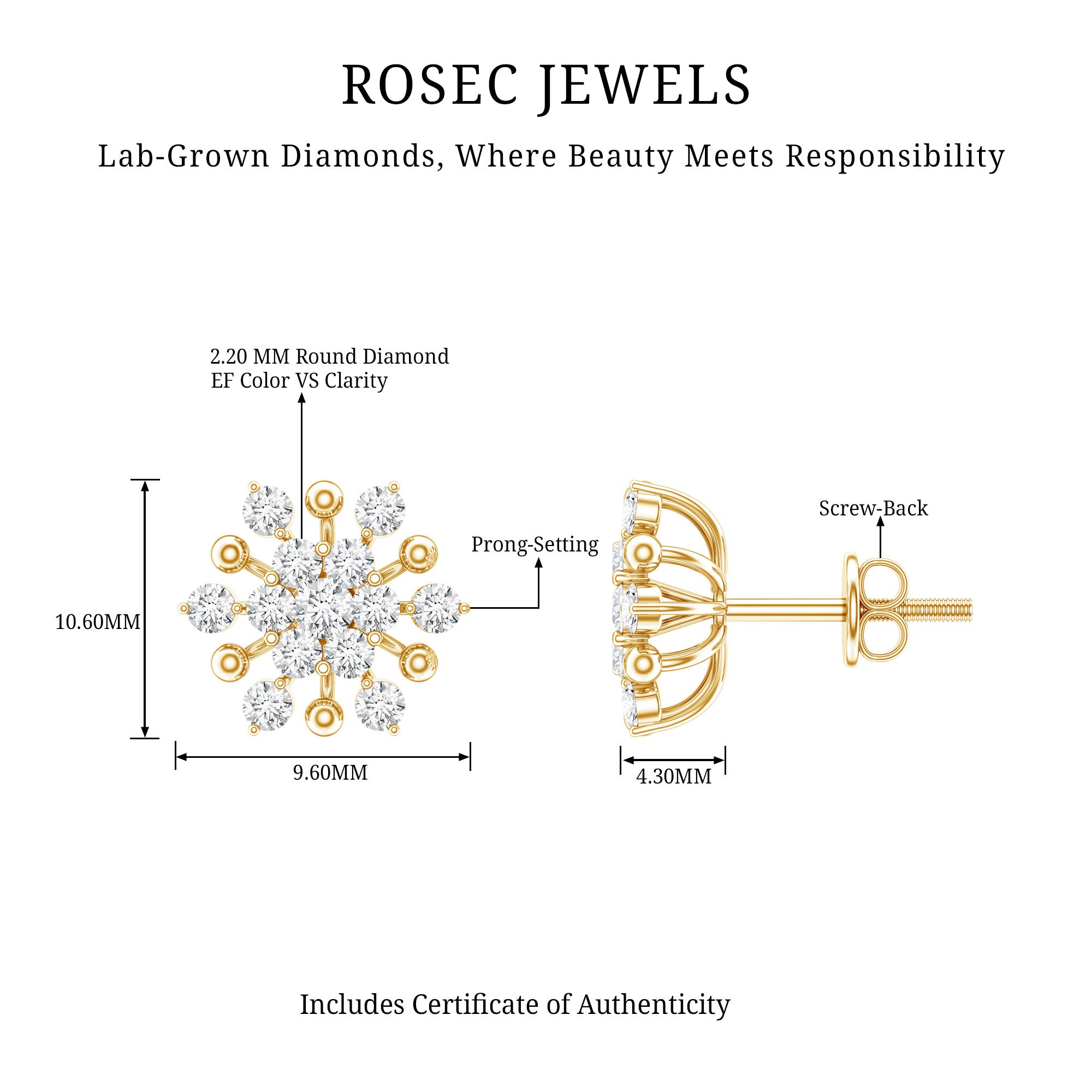 Diamond Cluster Stud Earrings Lab - ( EF-VS ) - Rosec Jewels