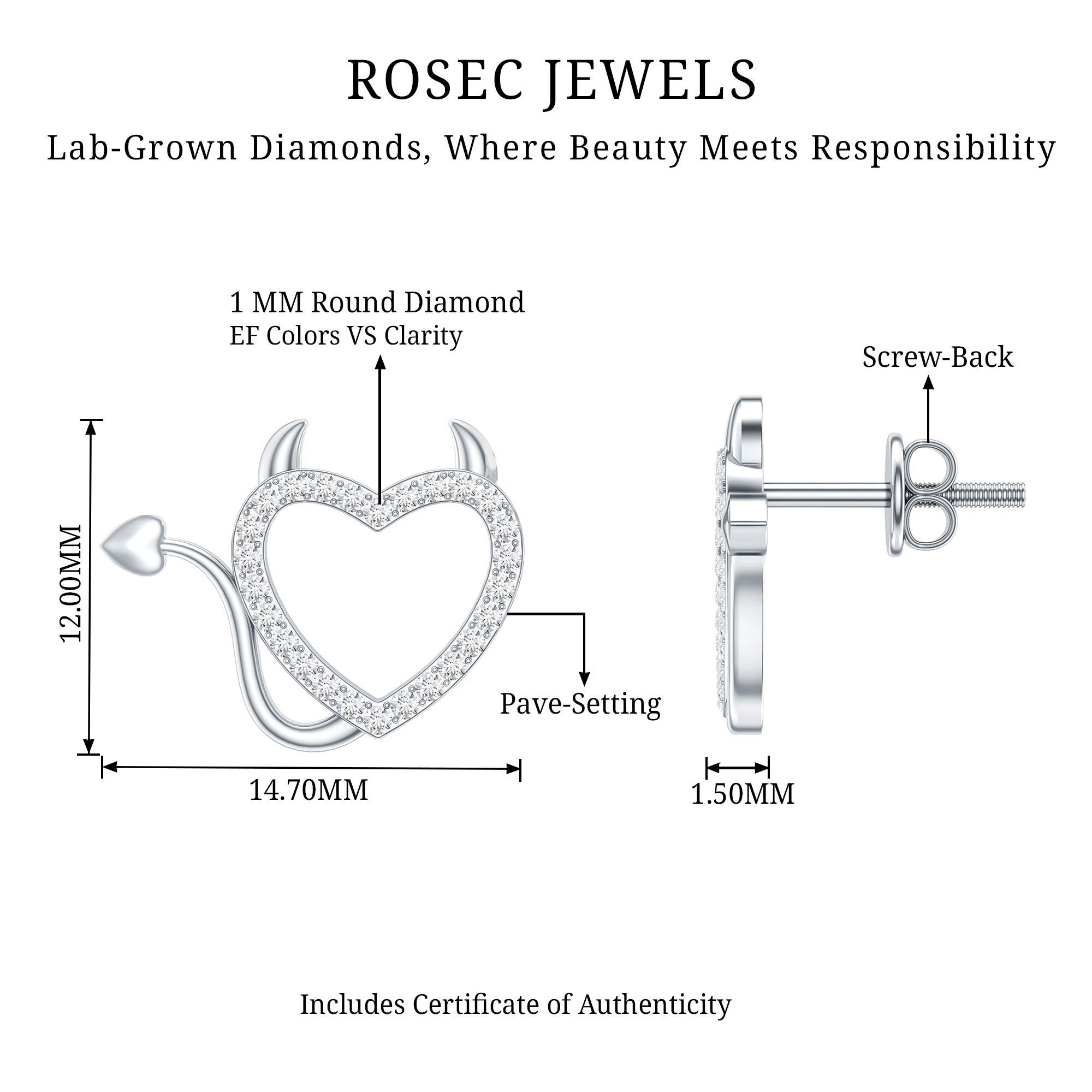 Round Diamond Devil Heart Earrings Lab - ( EF-VS ) - Rosec Jewels
