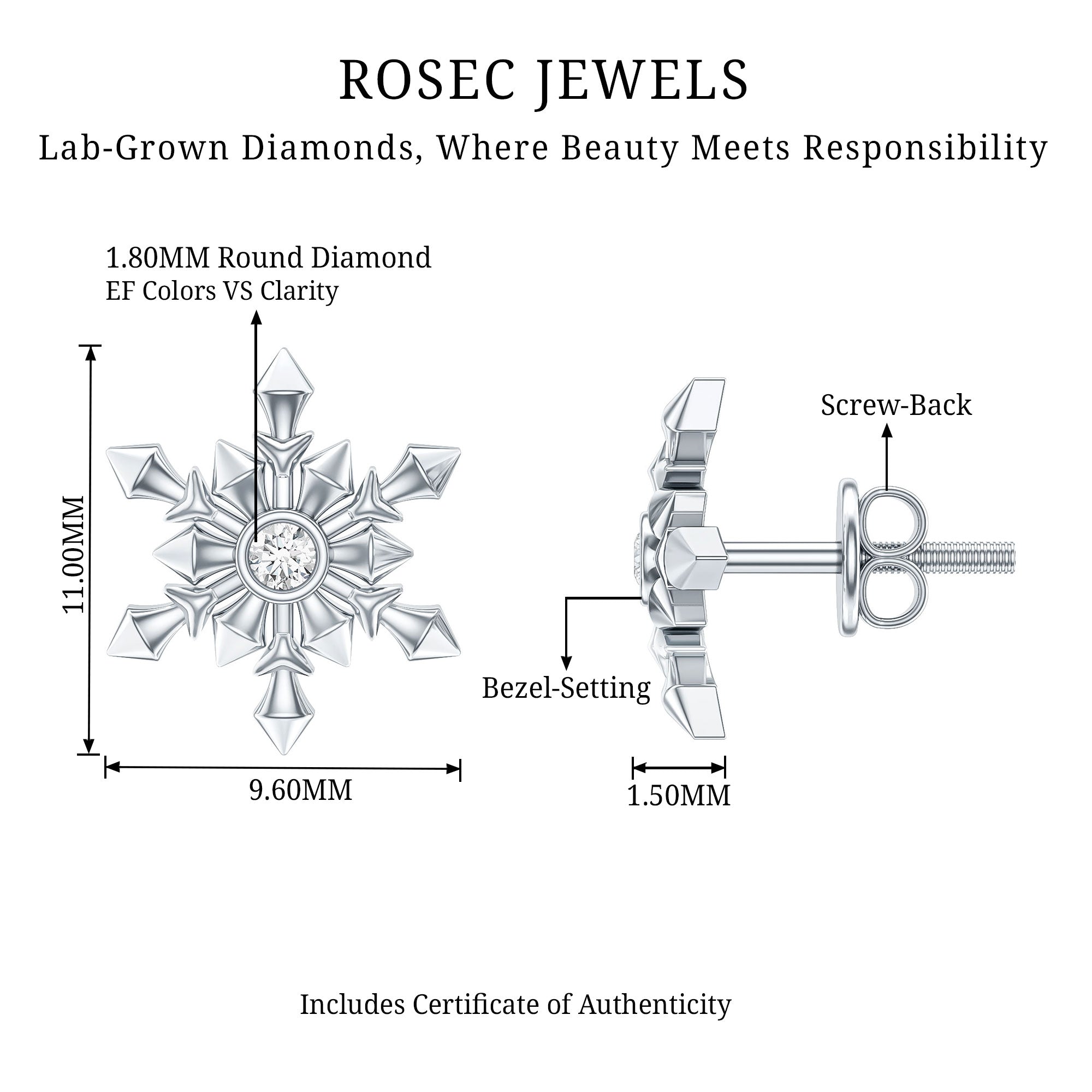 Bezel Set Diamond Snowflake Stud Earrings Lab - ( EF-VS ) - Rosec Jewels