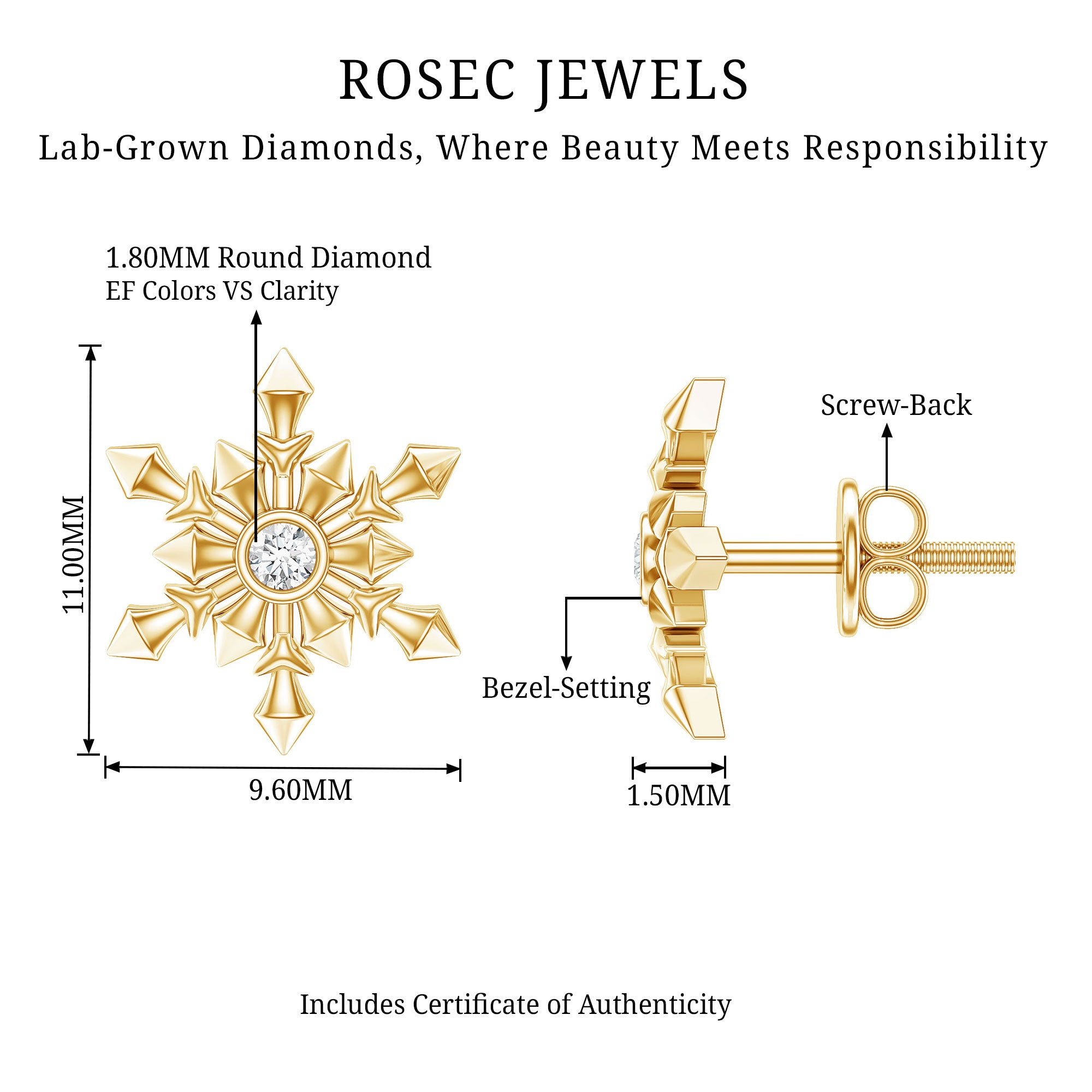 Bezel Set Diamond Snowflake Stud Earrings Lab - ( EF-VS ) - Rosec Jewels