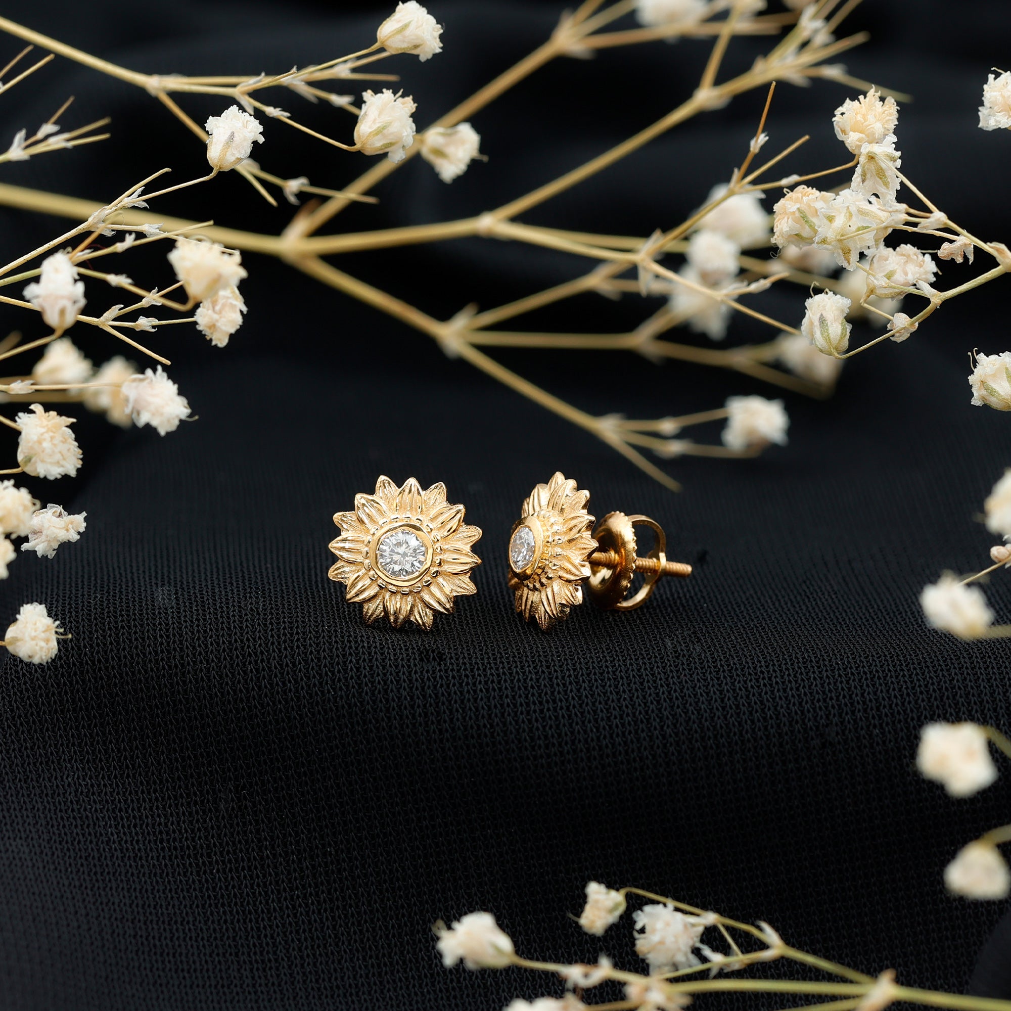Rosec Jewels-Diamond Gold Sunflower Stud Earrings