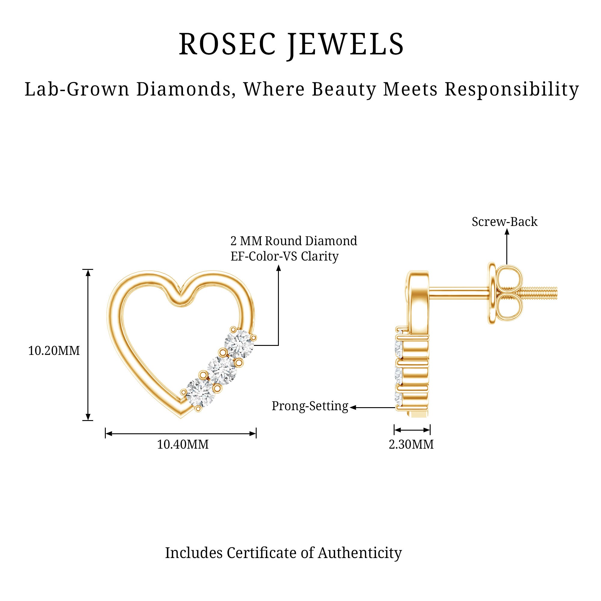 Diamond Heart Shape Stud Earring for Women Lab - ( EF-VS ) - Rosec Jewels