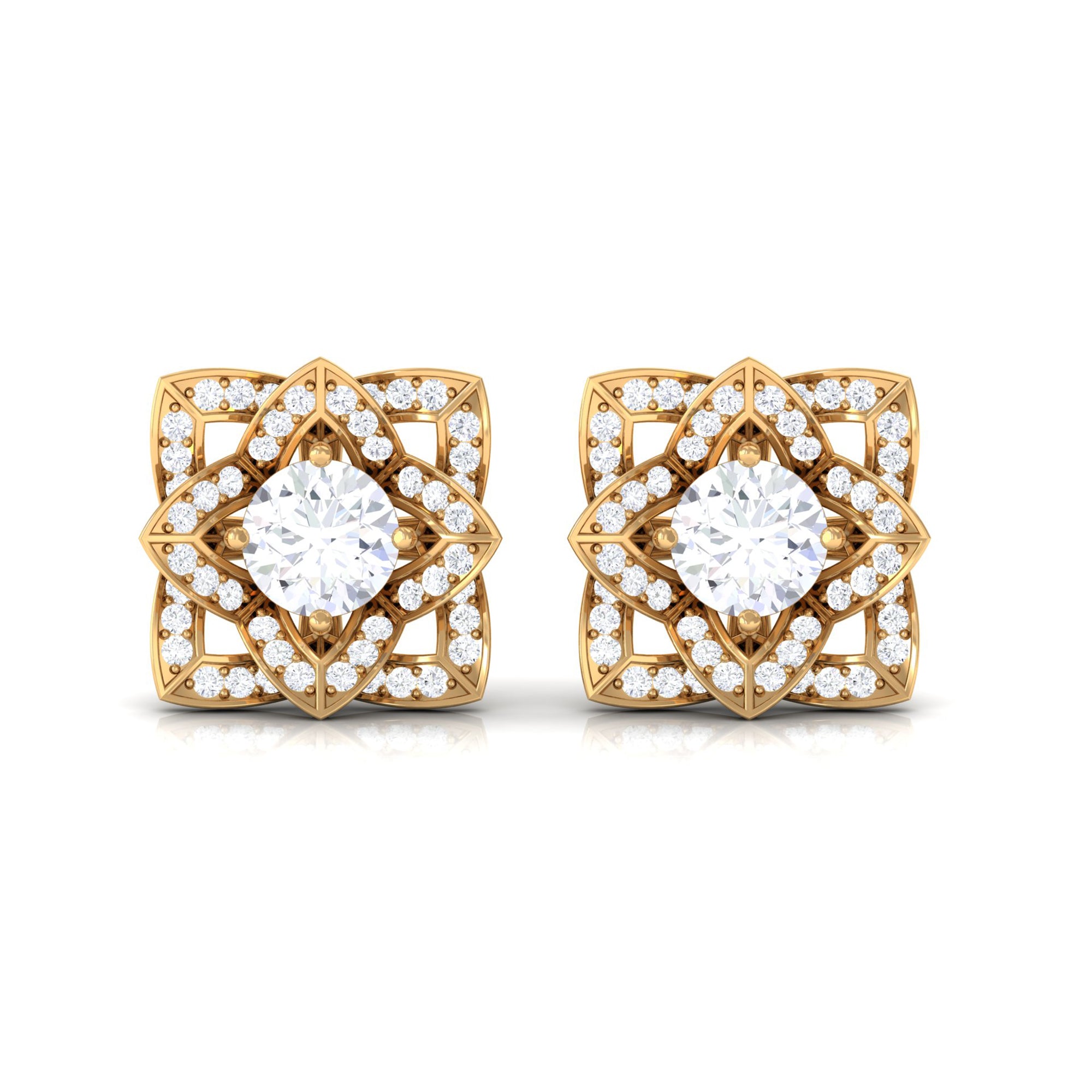 Rosec Jewels-Flower Stud Earrings with Round Shape Diamond