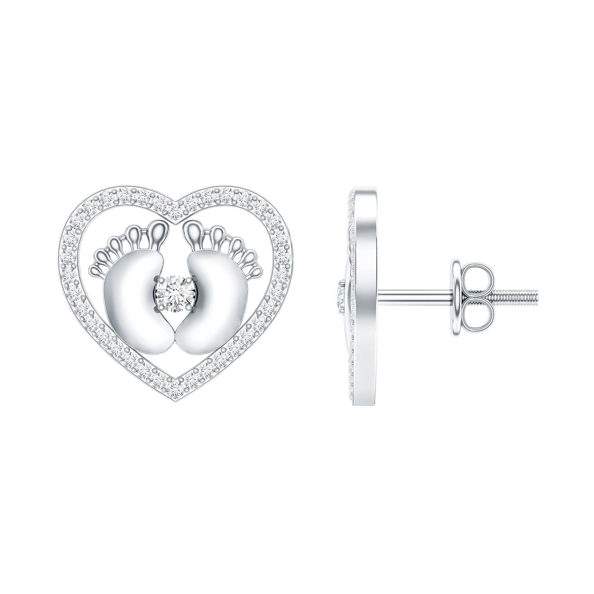 Diamond Heart Stud Earrings with Baby Feet Lab - ( EF-VS ) - Rosec Jewels
