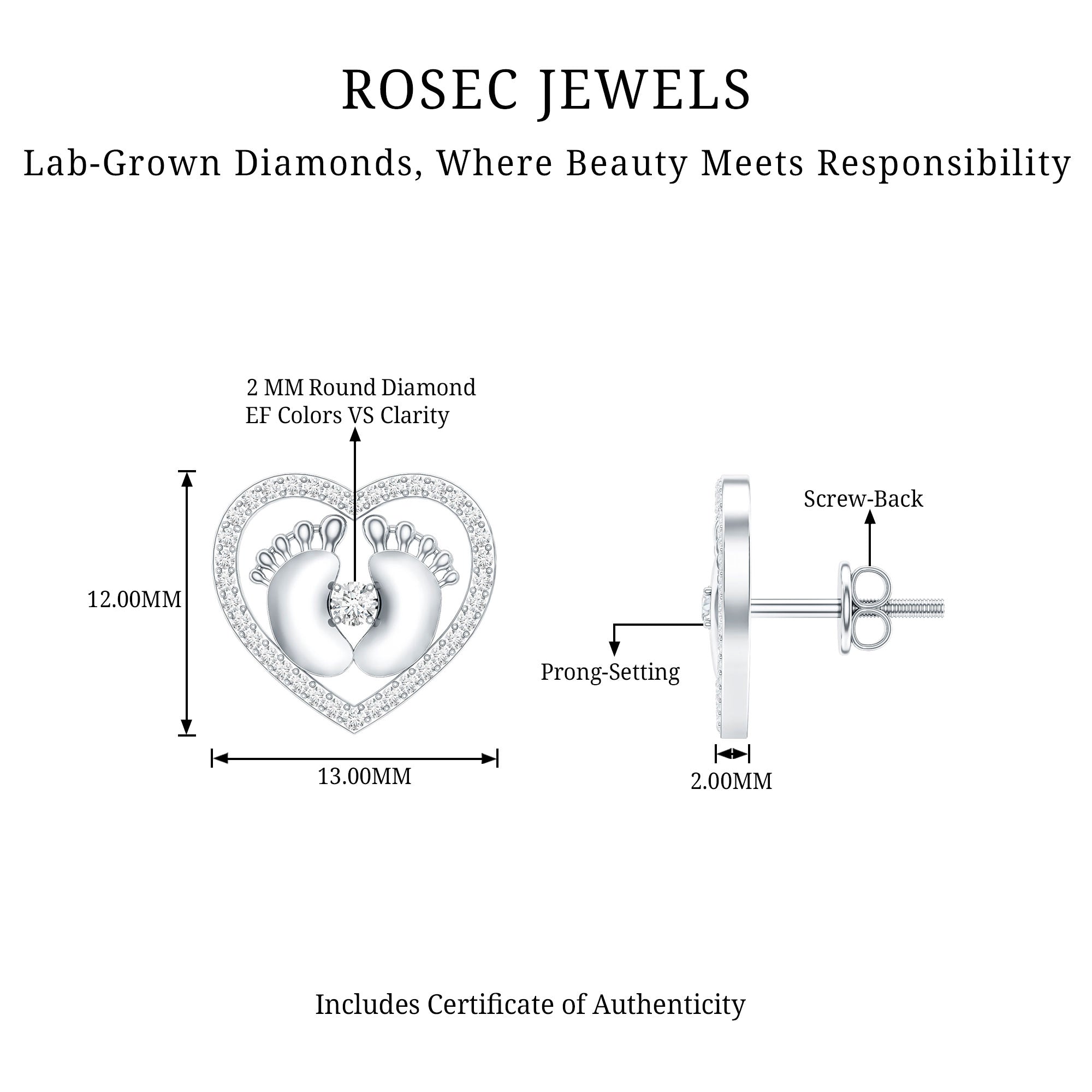 Diamond Heart Stud Earrings with Baby Feet Lab - ( EF-VS ) - Rosec Jewels