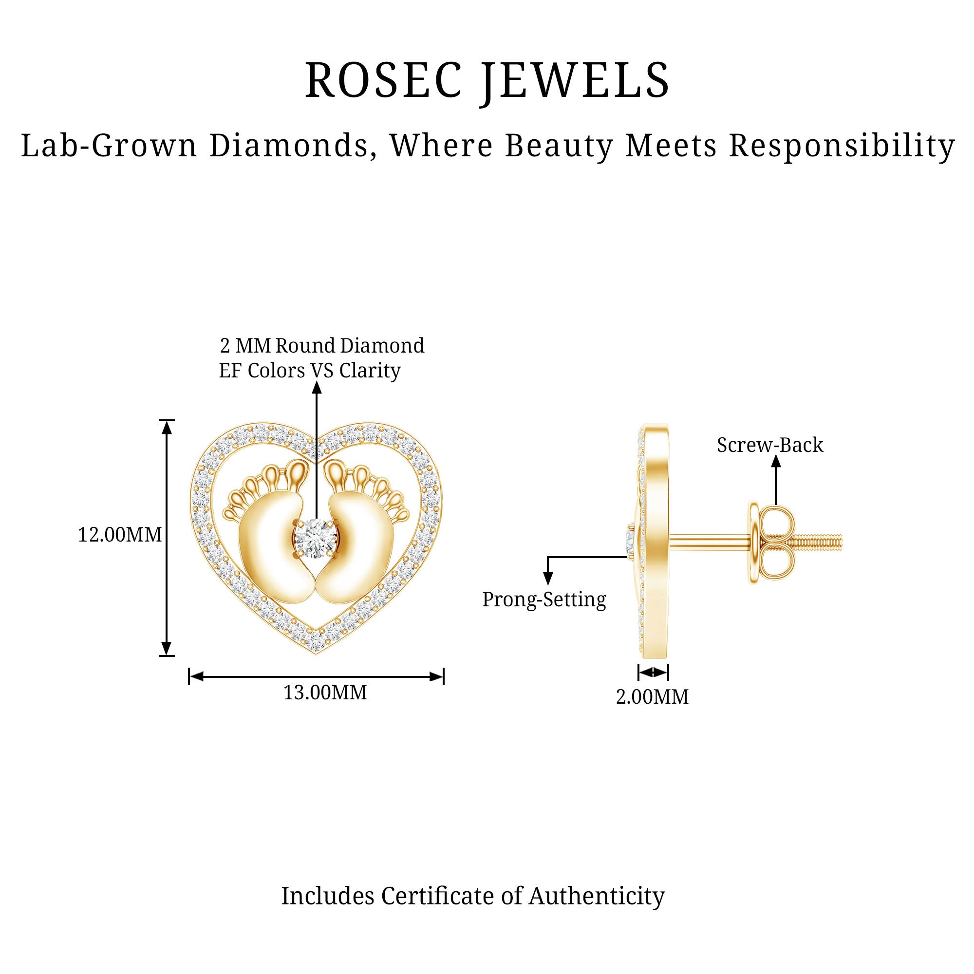 Diamond Heart Stud Earrings with Baby Feet Lab - ( EF-VS ) - Rosec Jewels