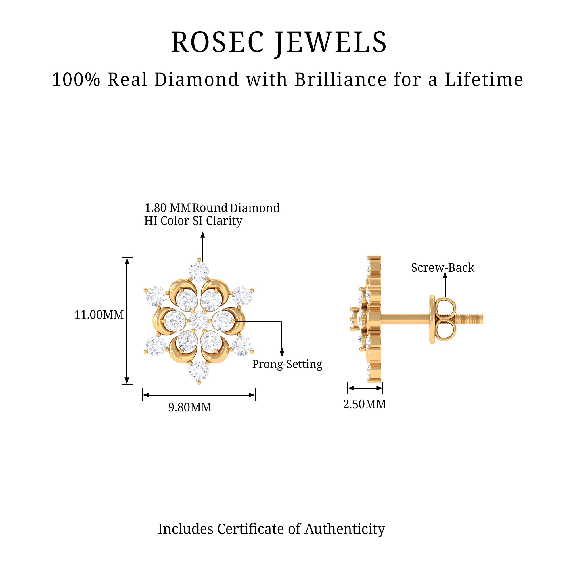 Certified Diamond Snowflake Stud Earrings Lab - ( EF-VS ) - Rosec Jewels