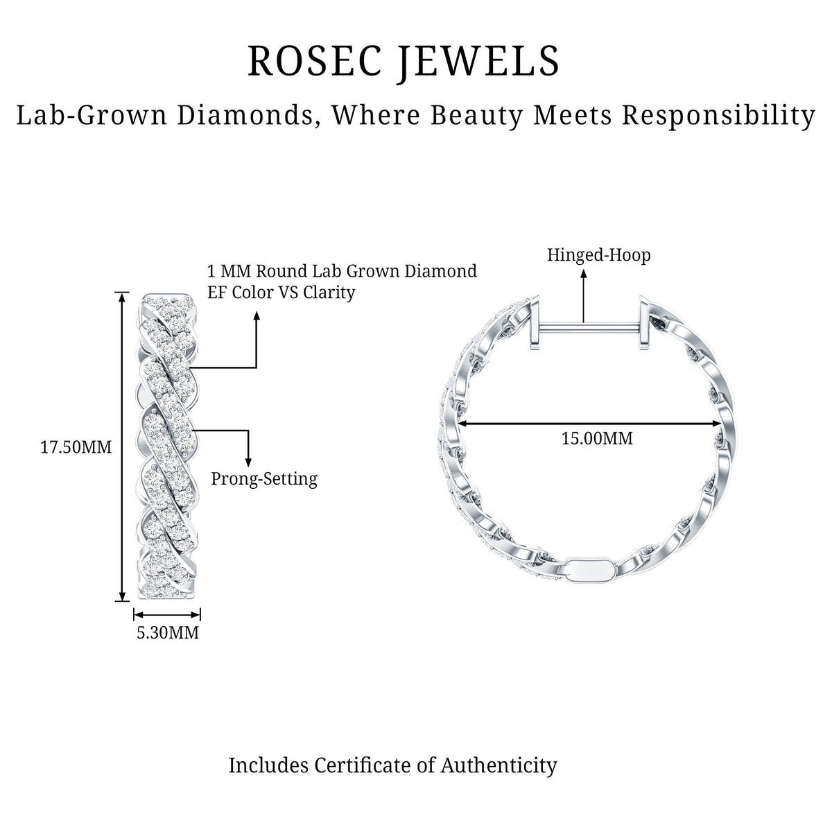 Natural Diamond Twisted Hoop Earrings with Certificate Lab - ( EF-VS ) - Rosec Jewels