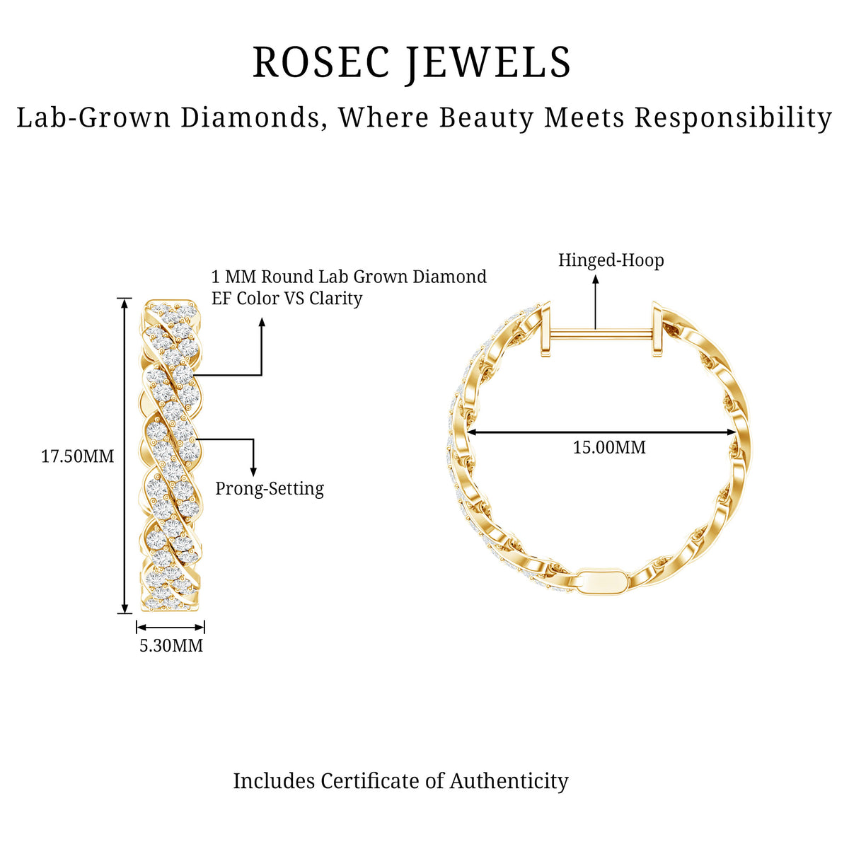 Natural Diamond Twisted Hoop Earrings with Certificate Lab - ( EF-VS ) - Rosec Jewels