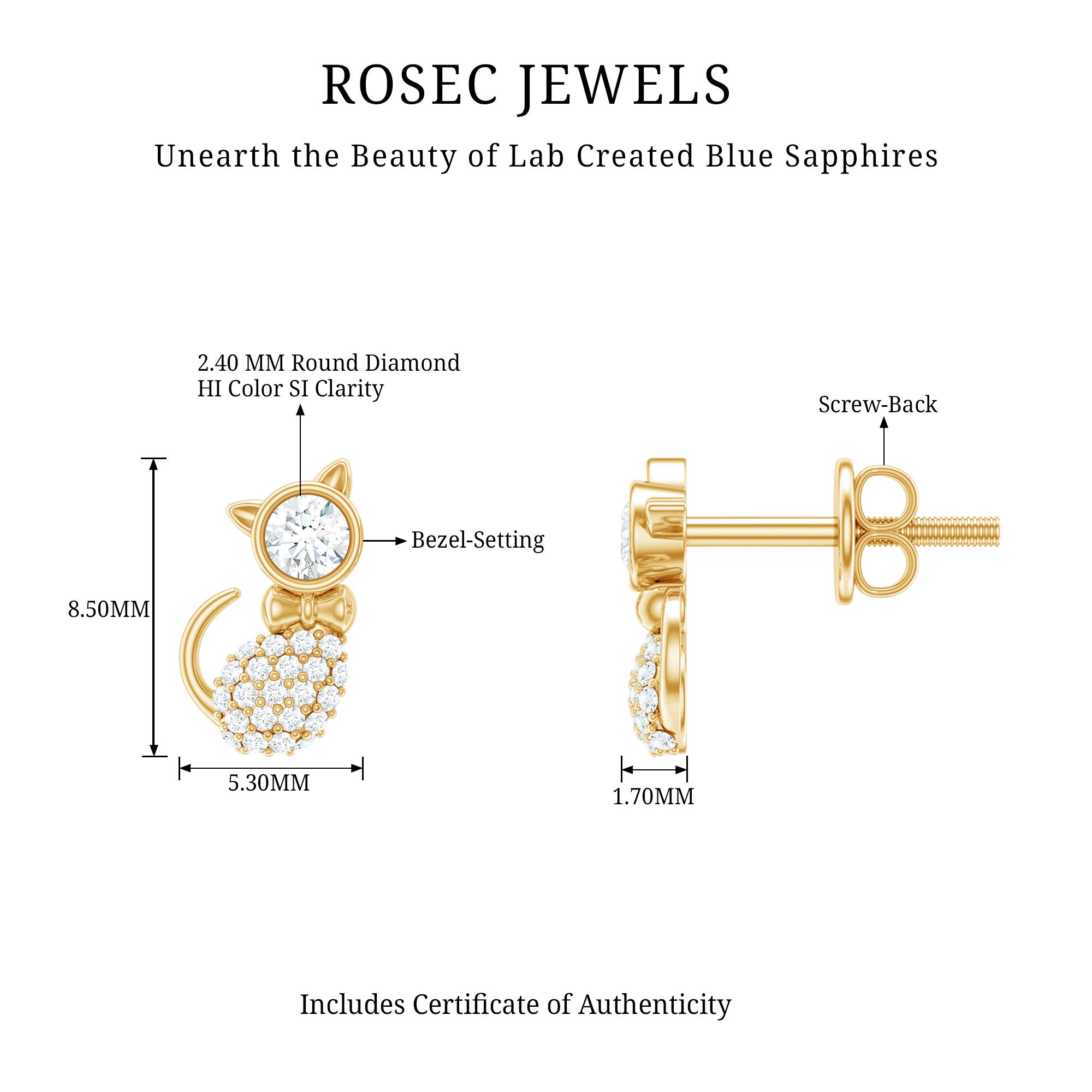 Rosec Jewels-1/4 CT Diamond Cat Stud Earrings in Gold