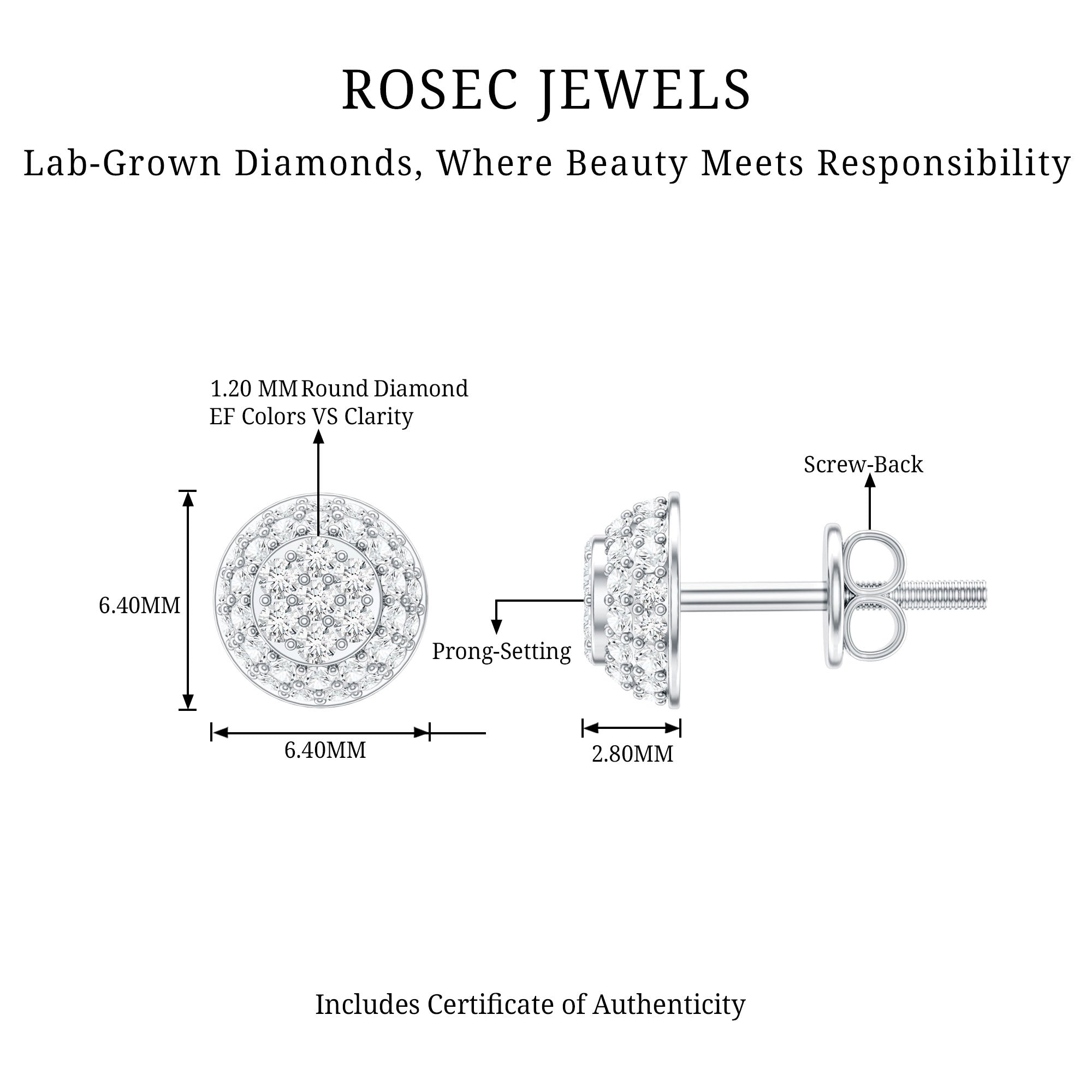Certified Diamond Bridal Stud Earring with Screw Back Lab - ( EF-VS ) - Rosec Jewels