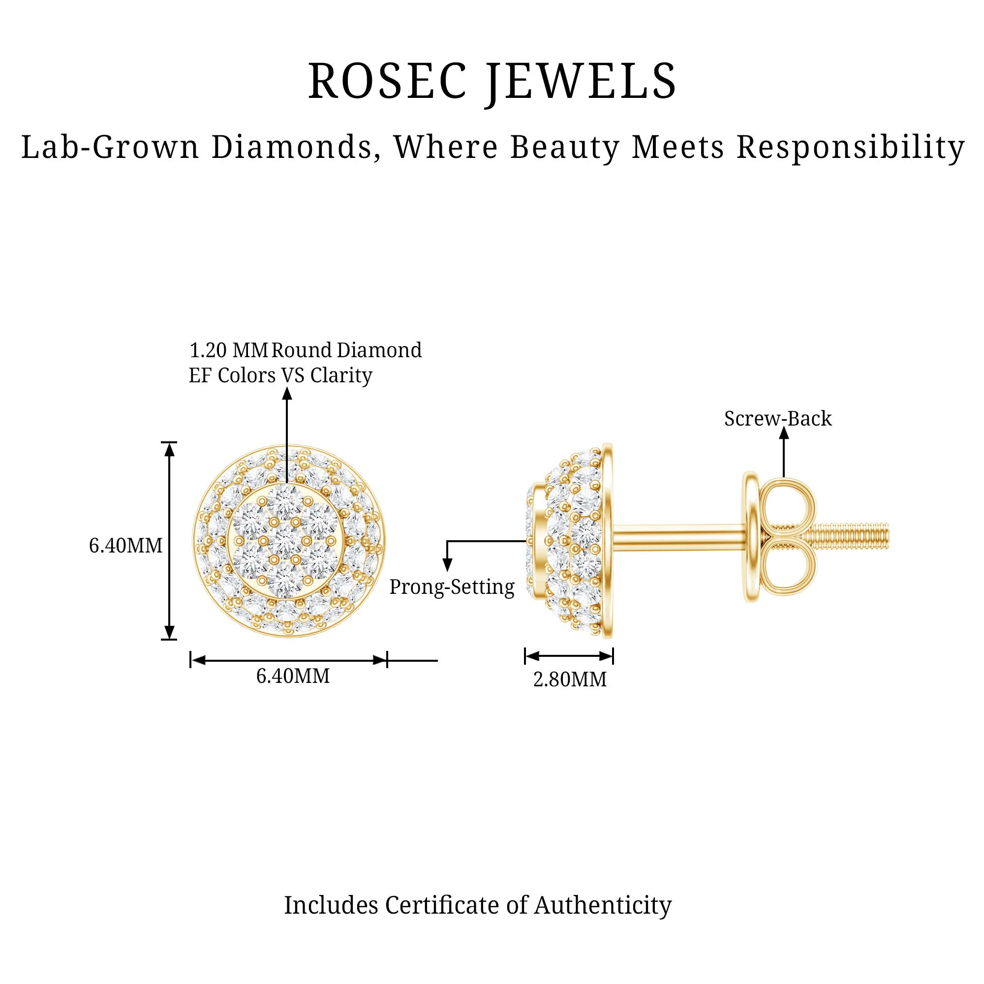 Certified Diamond Bridal Stud Earring with Screw Back Lab - ( EF-VS ) - Rosec Jewels
