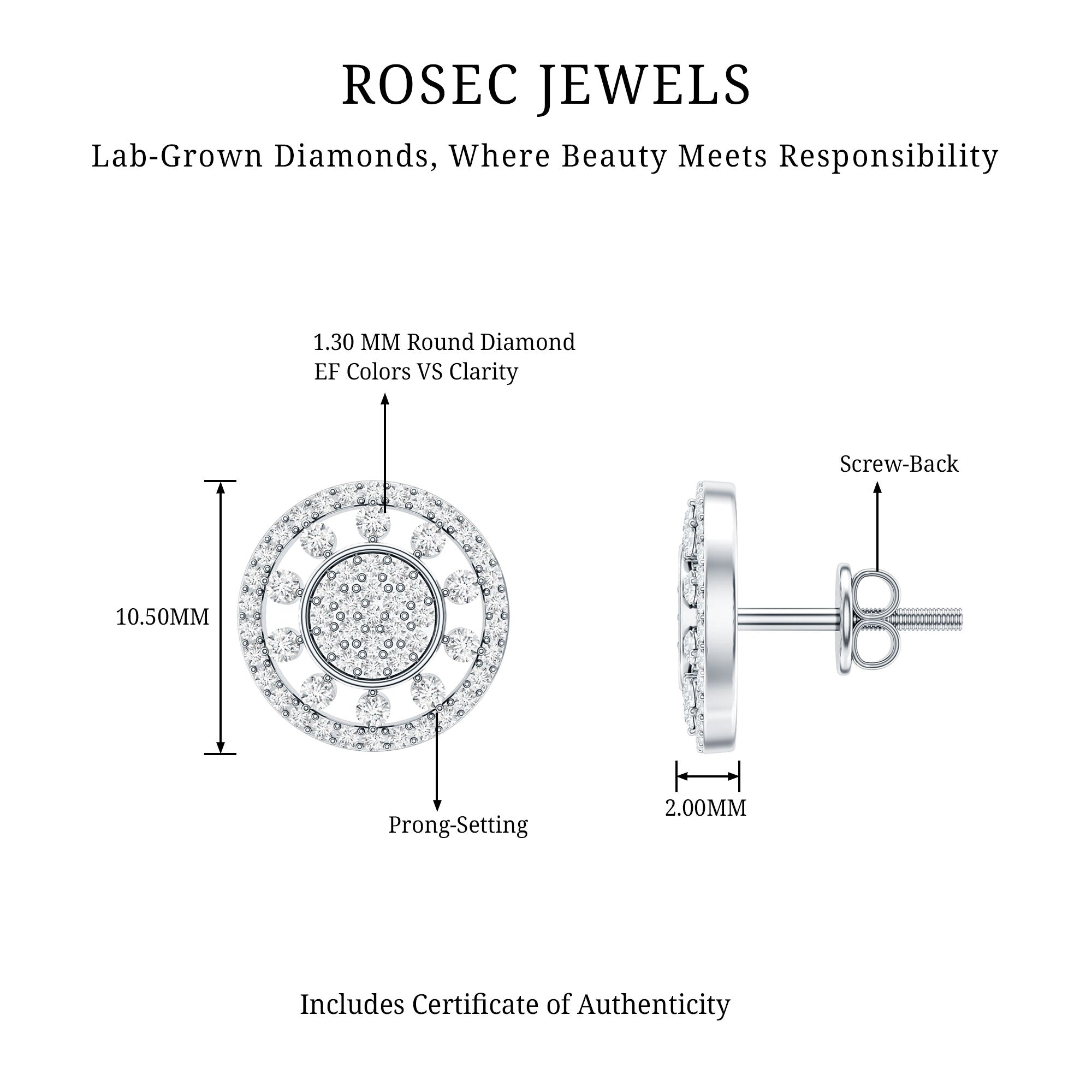 Certified Diamond Statement Ear Studs Lab - ( EF-VS ) - Rosec Jewels