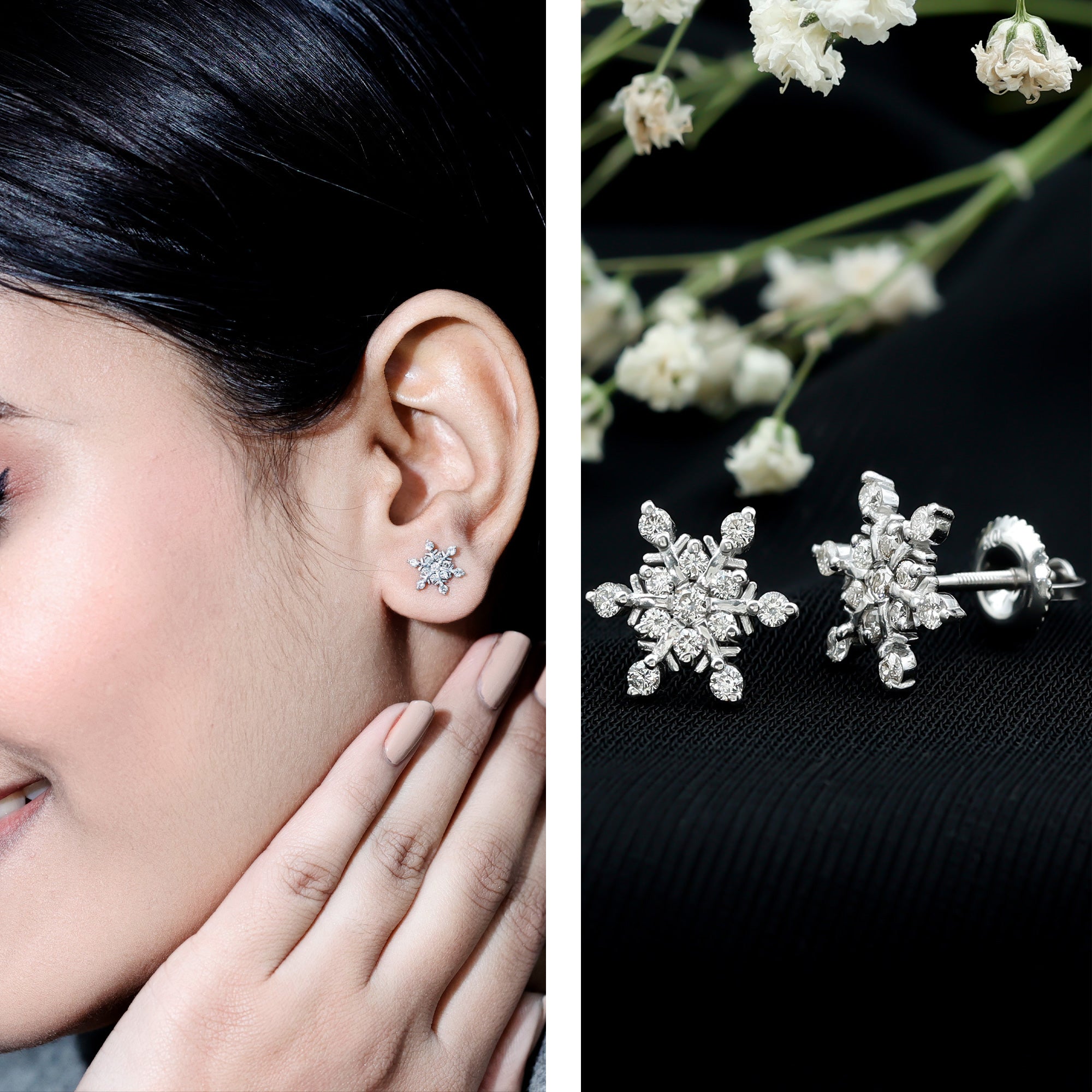 Certified Diamond Snowflake Stud Earrings with Screw Back Lab - ( EF-VS ) - Rosec Jewels