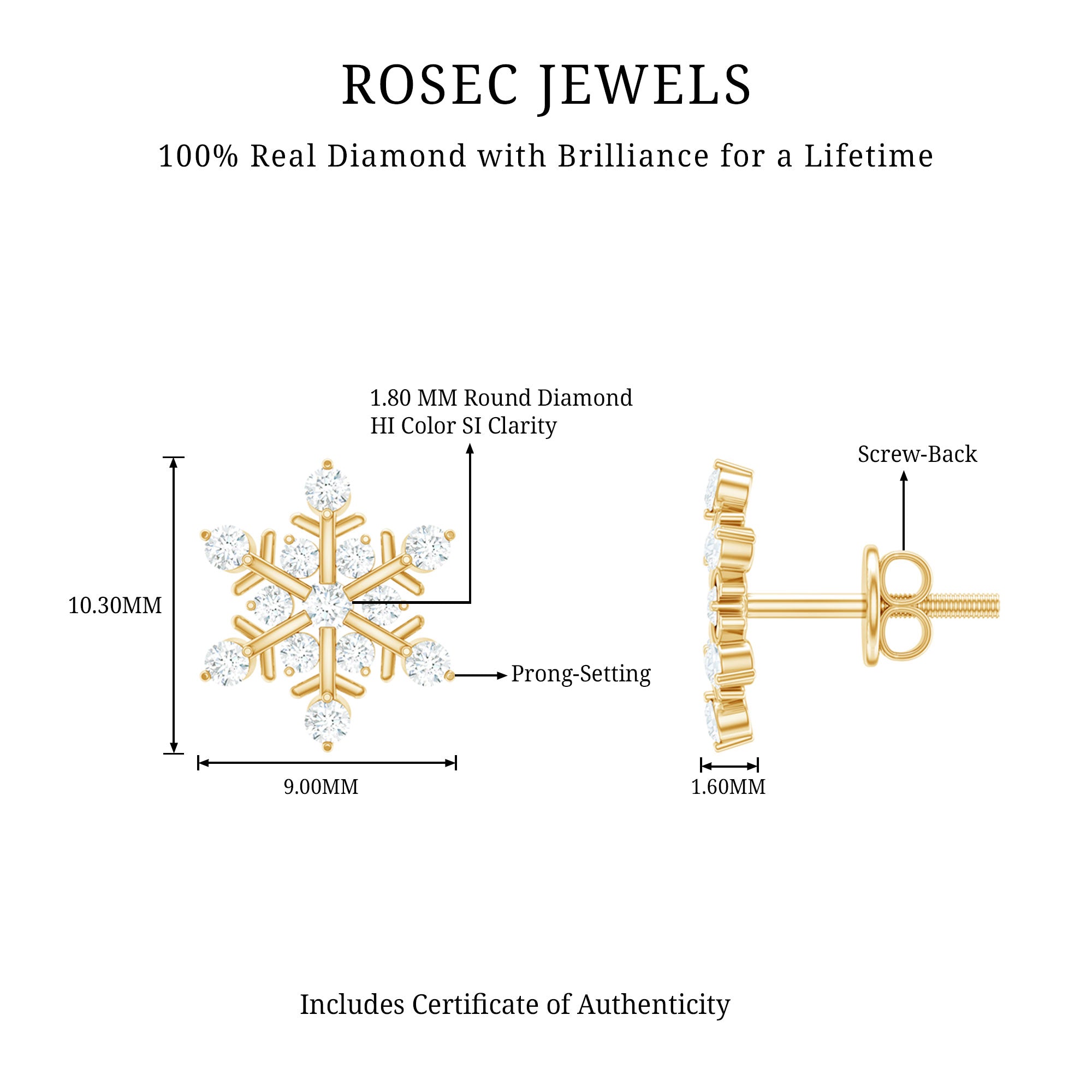Rosec Jewels-Certified Diamond Snowflake Stud Earrings with Screw Back