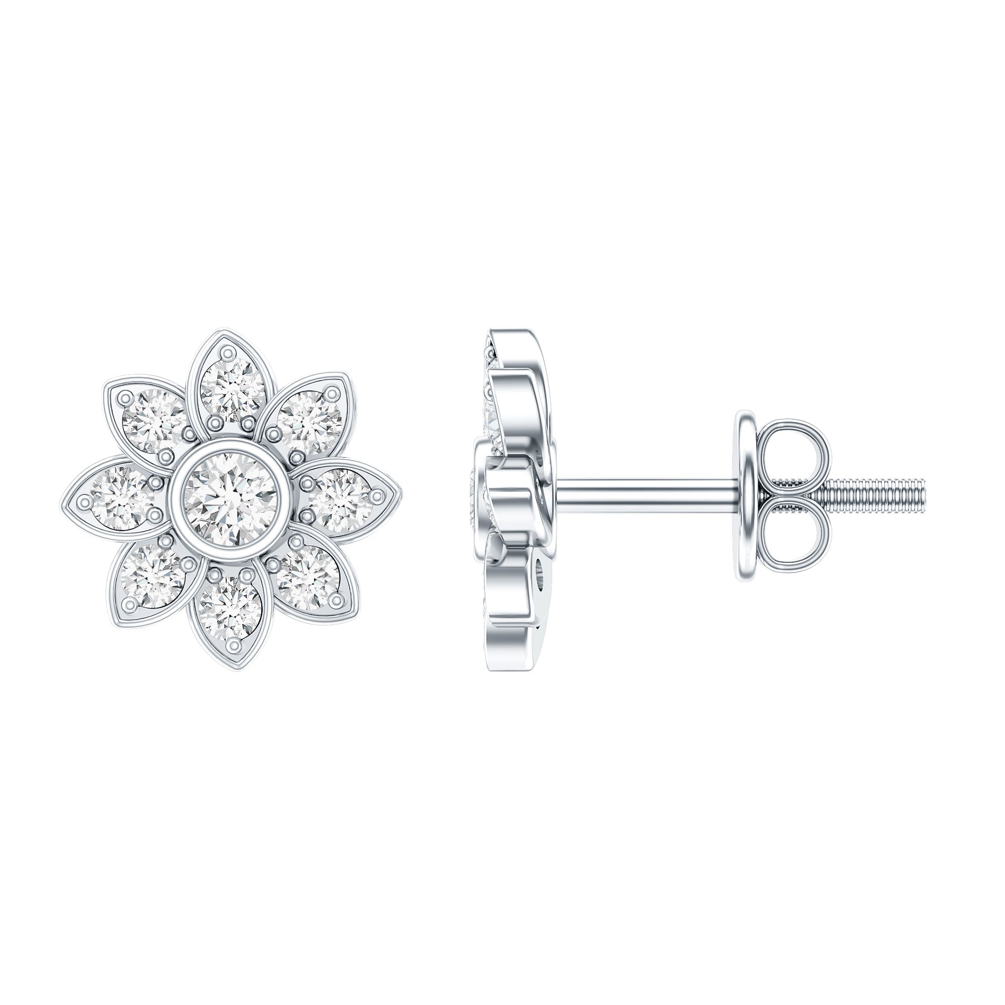 Diamond Flower Stud Earrings With Screw Back Lab - ( EF-VS ) - Rosec Jewels