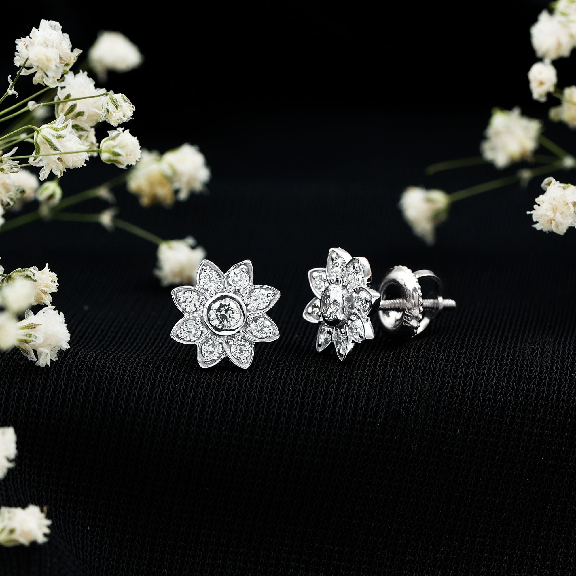 Diamond Flower Stud Earrings With Screw Back Lab - ( EF-VS ) - Rosec Jewels