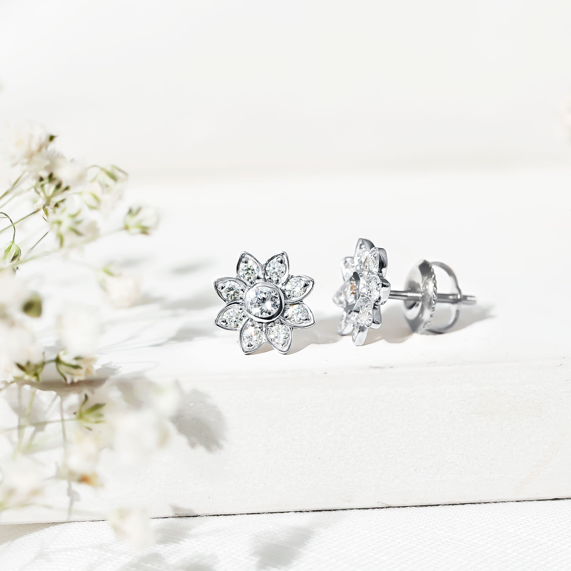 Diamond Flower Stud Earrings With Screw Back Lab - ( EF-VS ) - Rosec Jewels