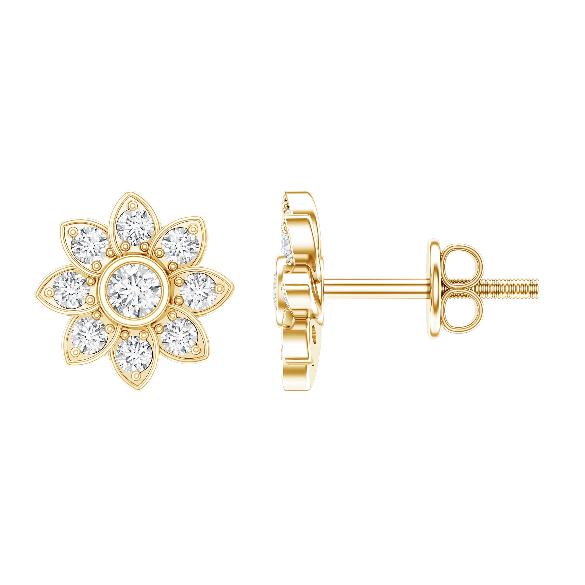 Diamond Flower Stud Earrings With Screw Back Lab - ( EF-VS ) - Rosec Jewels