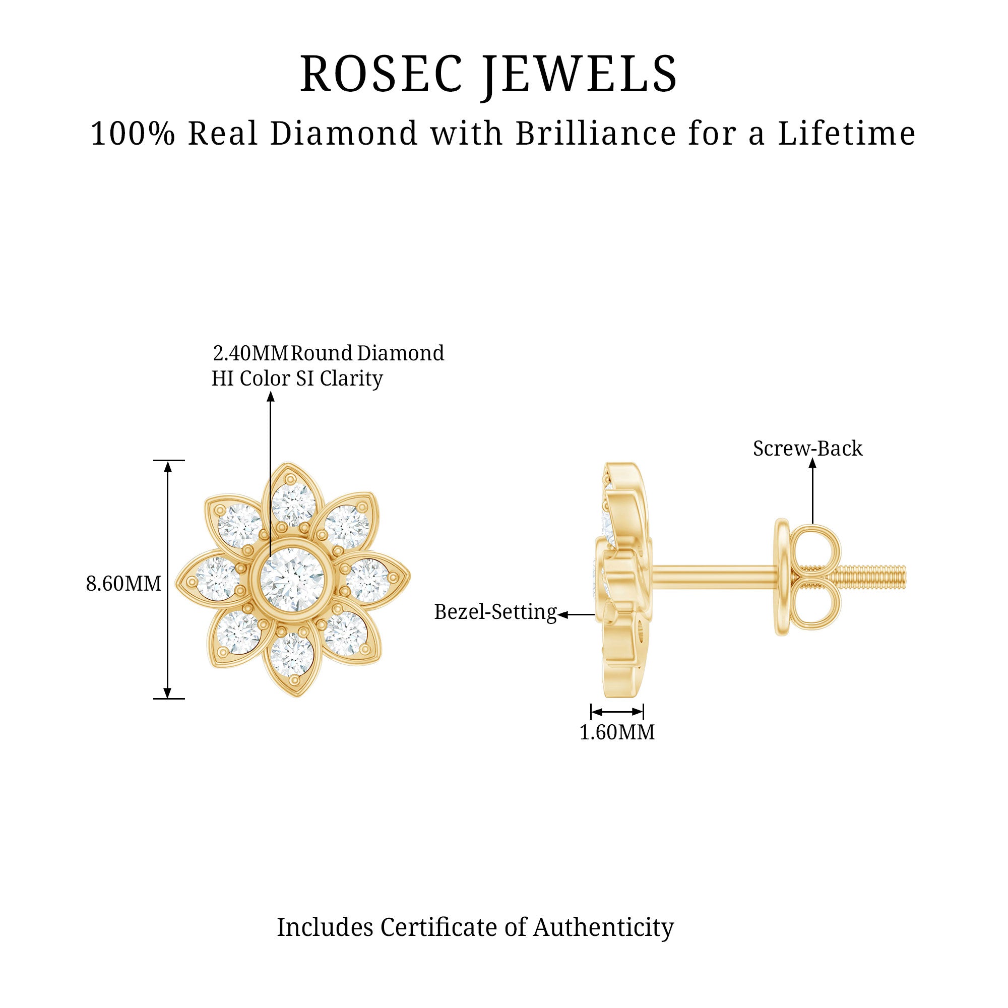 Diamond Flower Stud Earrings With Screw Back Lab - ( EF-VS ) - Rosec Jewels