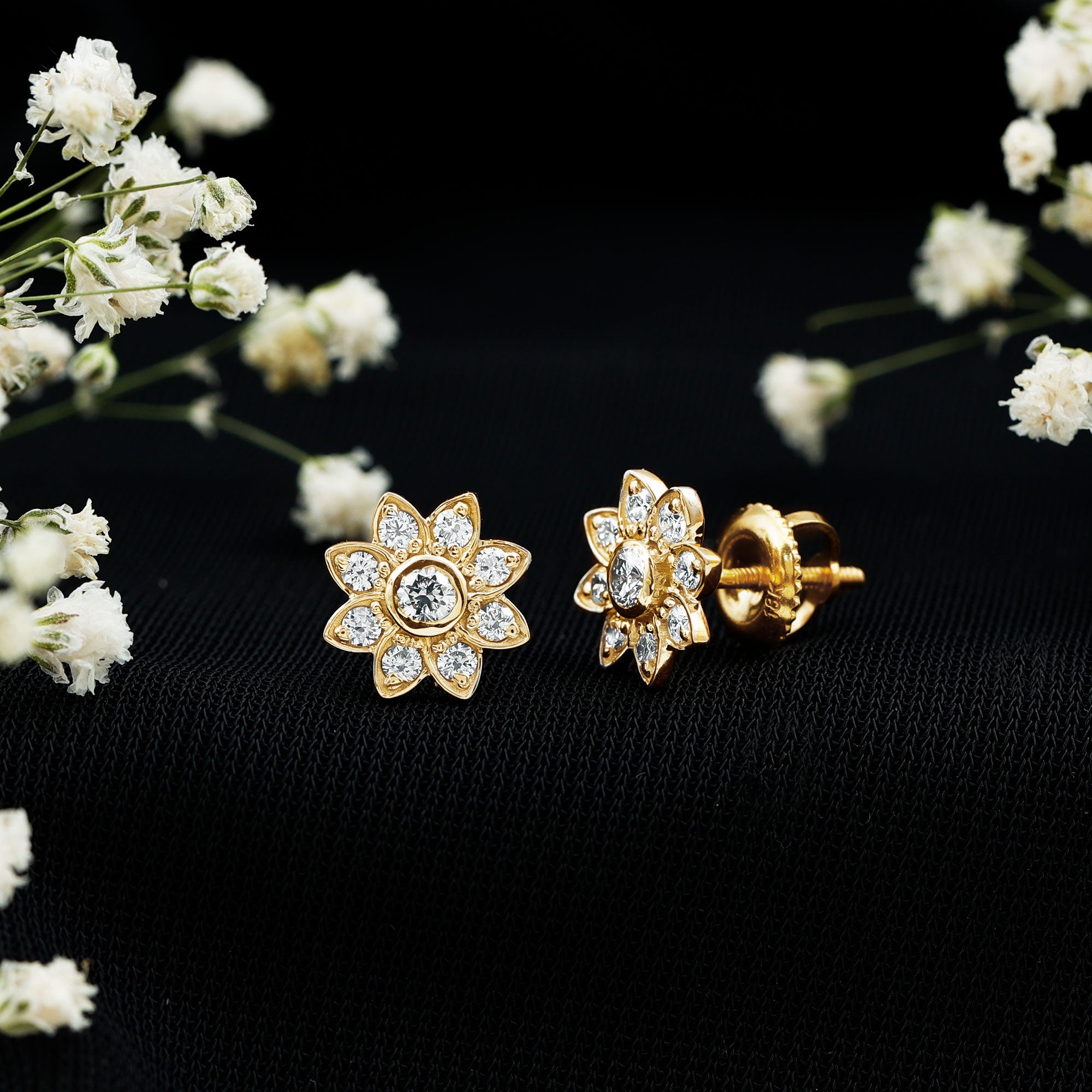 Diamond Flower Stud Earrings With Screw Back Lab - ( EF-VS ) - Rosec Jewels