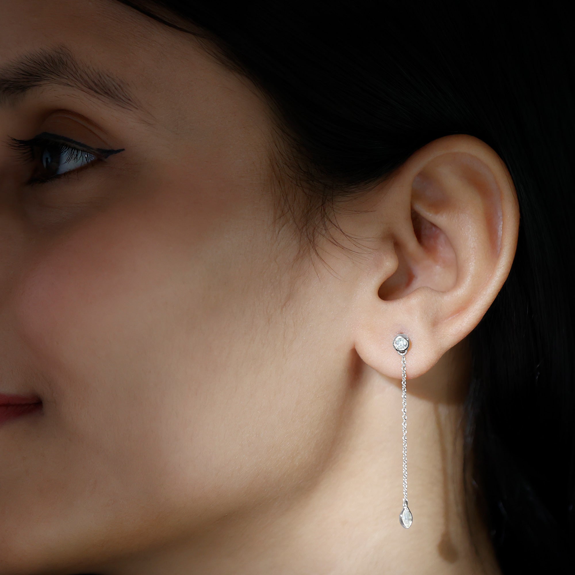 Certified Diamond Dangle Chain Earrings in Bezel Setting Lab - ( EF-VS ) - Rosec Jewels