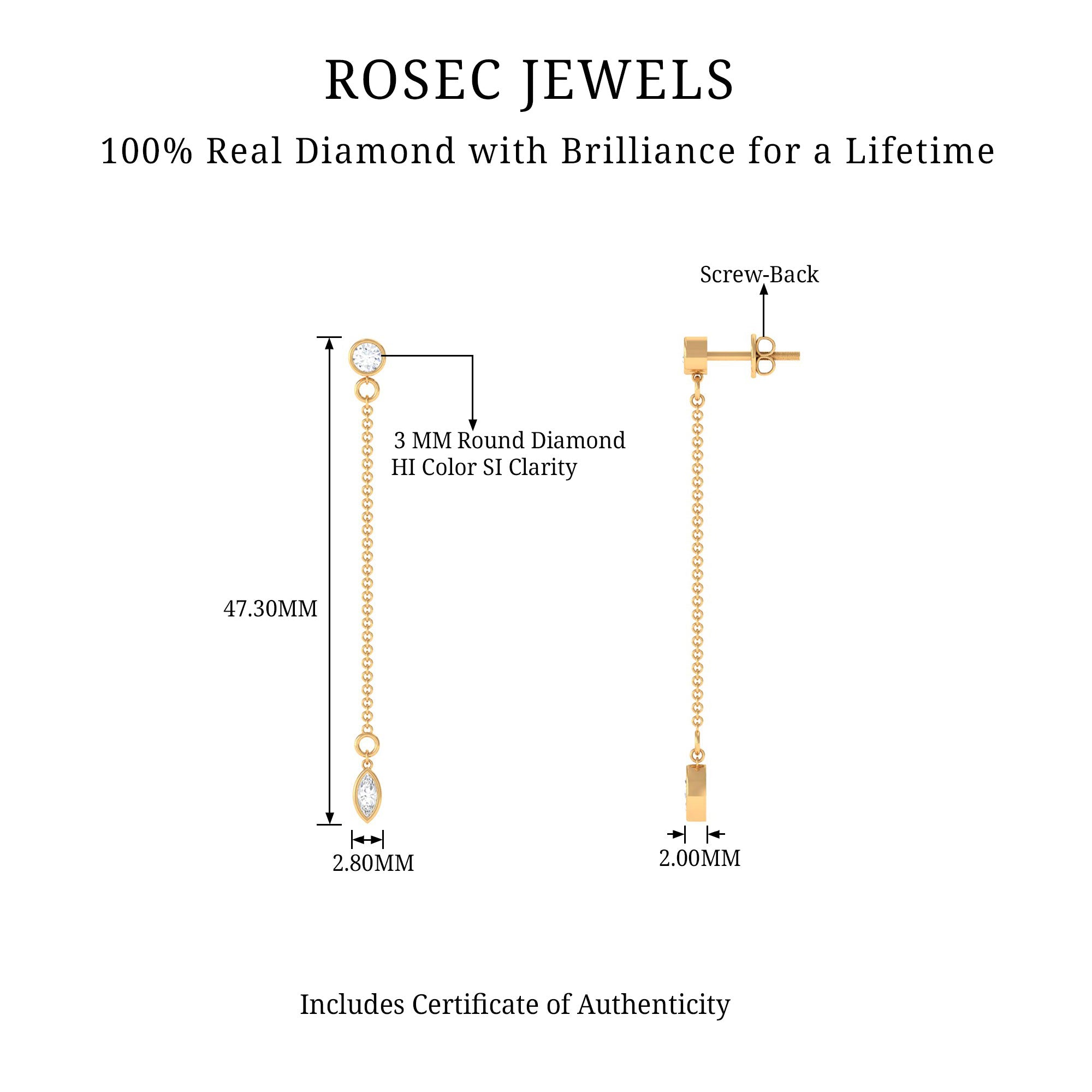 Certified Diamond Dangle Chain Earrings in Bezel Setting Lab - ( EF-VS ) - Rosec Jewels