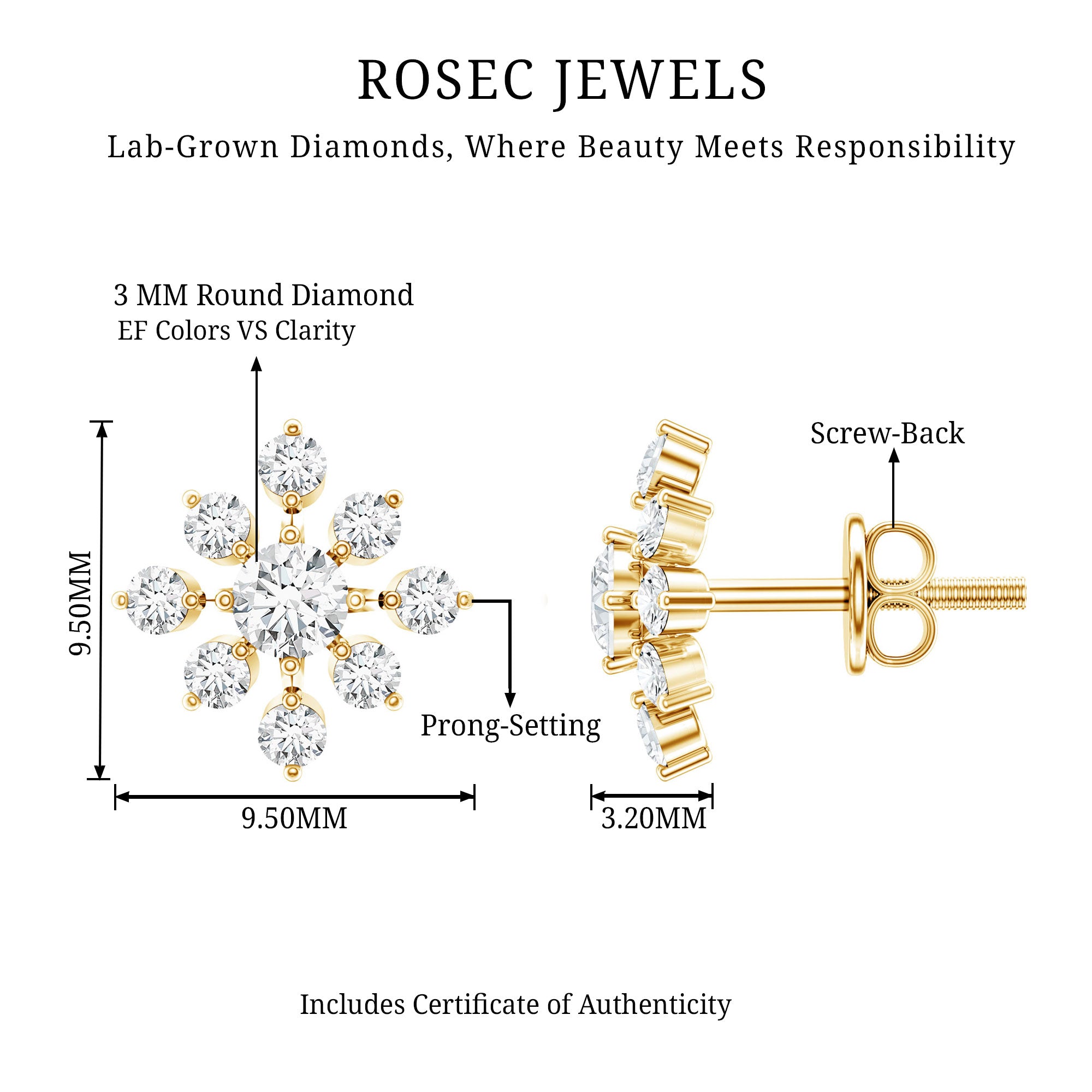 Round Cut Diamond Flower Stud Earrings for Women Lab - ( EF-VS ) - Rosec Jewels
