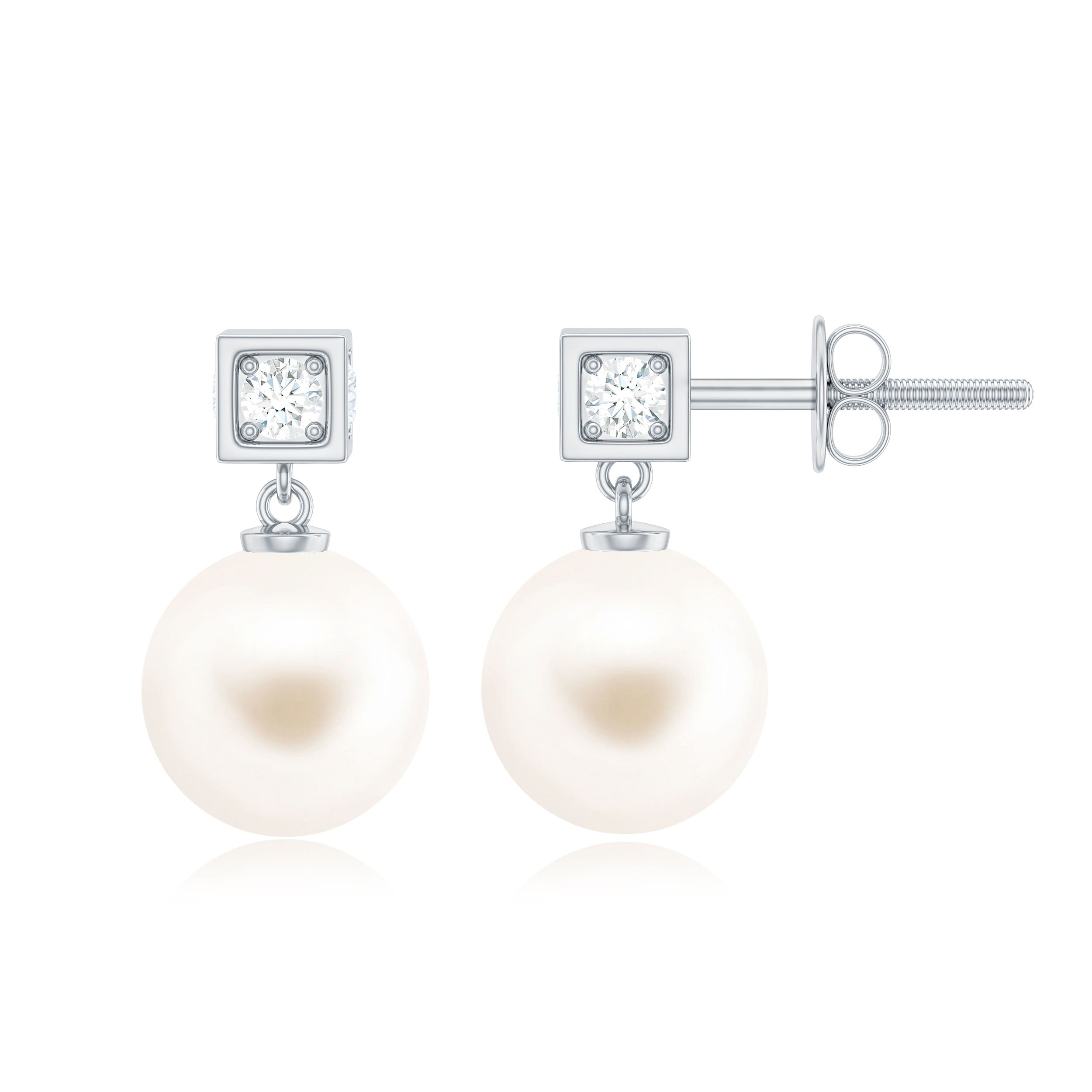 Real Freshwater Pearl Drop with Diamond Stud Earrings
