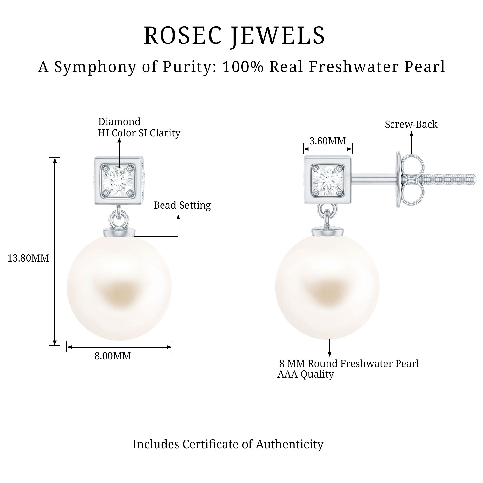 Real Freshwater Pearl and Diamond Drop Earrings AAA - Rosec Jewels
