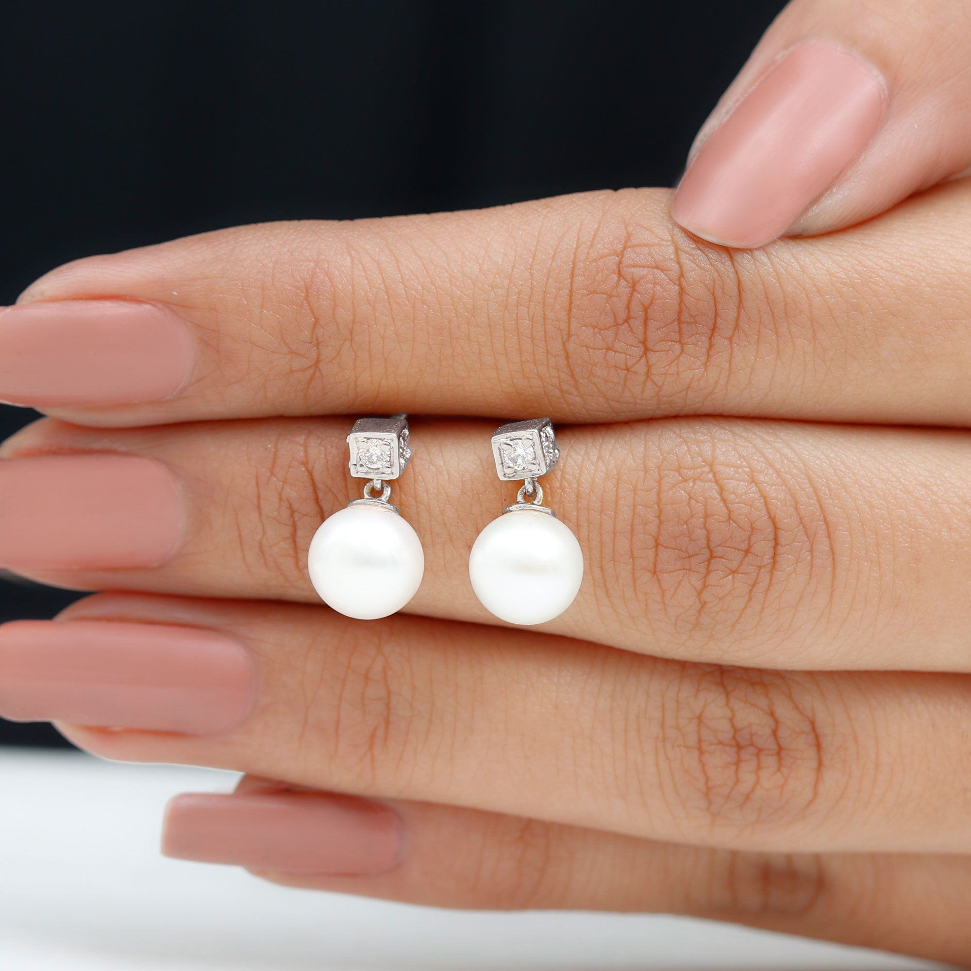 Real Freshwater Pearl and Diamond Drop Earrings AAA - Rosec Jewels