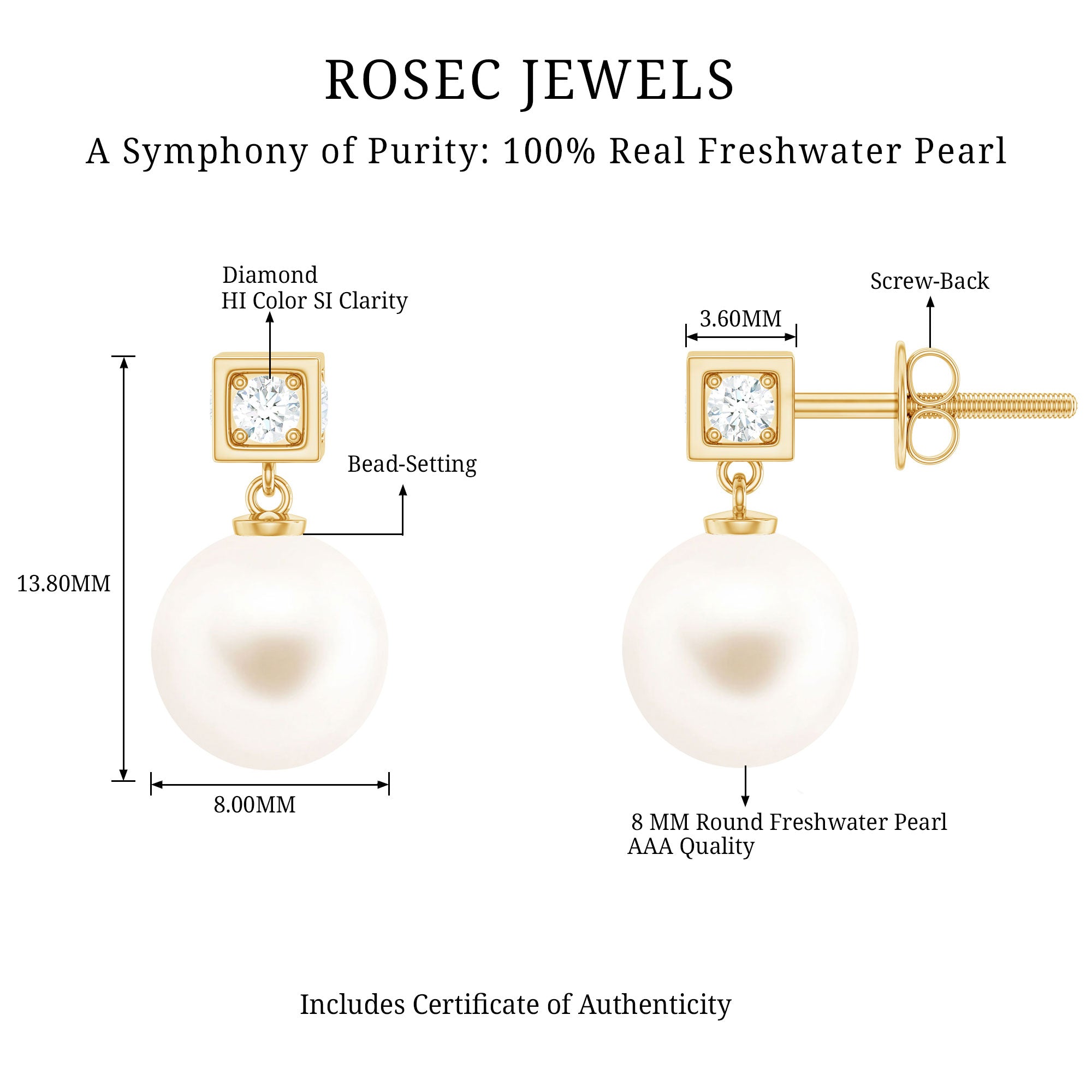 Real Freshwater Pearl and Diamond Drop Earrings AAA - Rosec Jewels