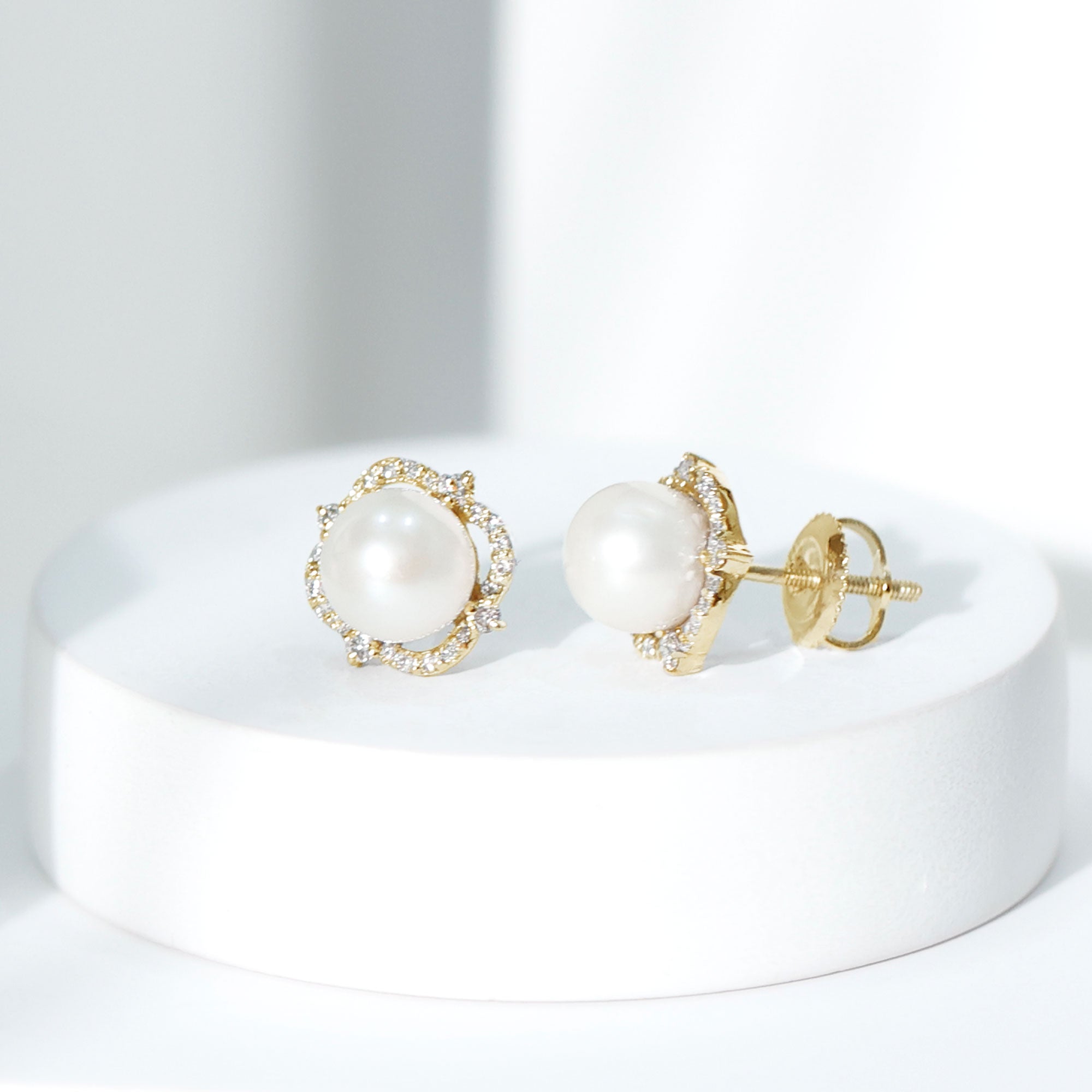 Cultured Pearl Stud Earrings With Diamond AAA - Rosec Jewels