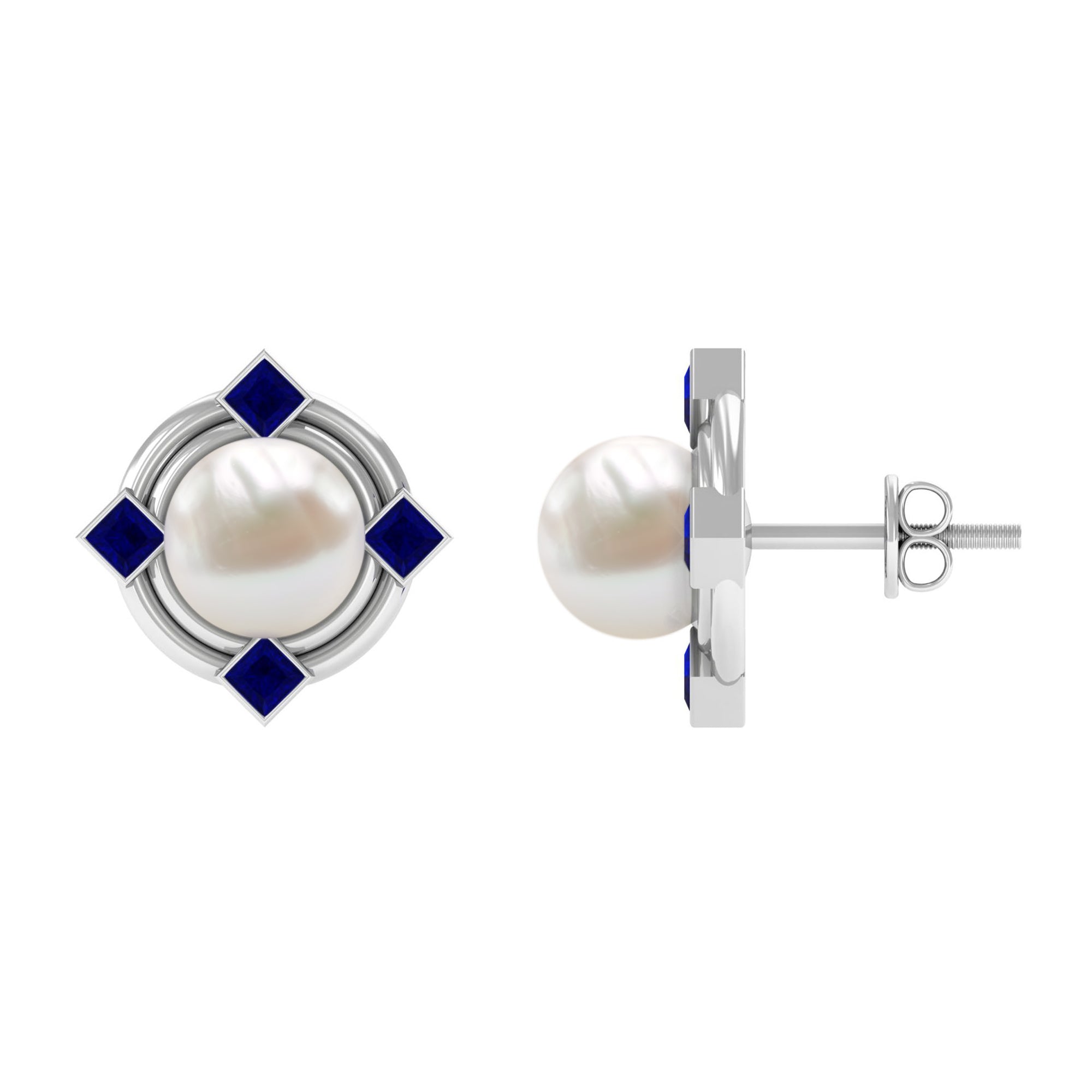 6.50 CT Modern Stud Earrings with Freshwater Pearl and Blue Sapphire