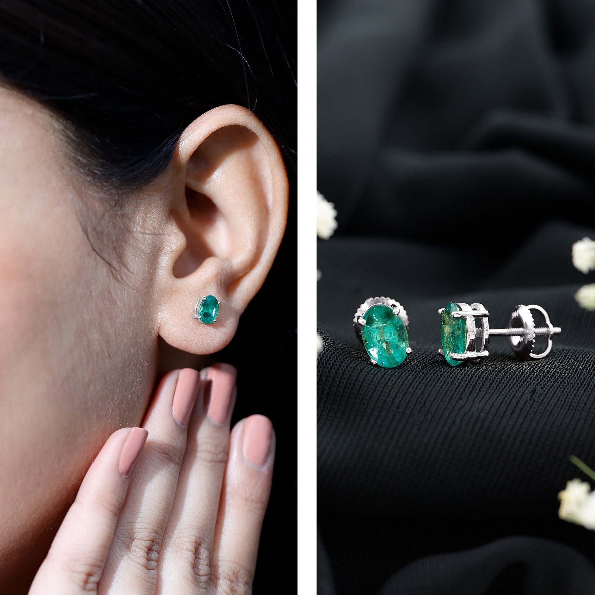 1.43 Carat Oval Shape Emerald Stud Earrings for Women AAA - Rosec Jewels