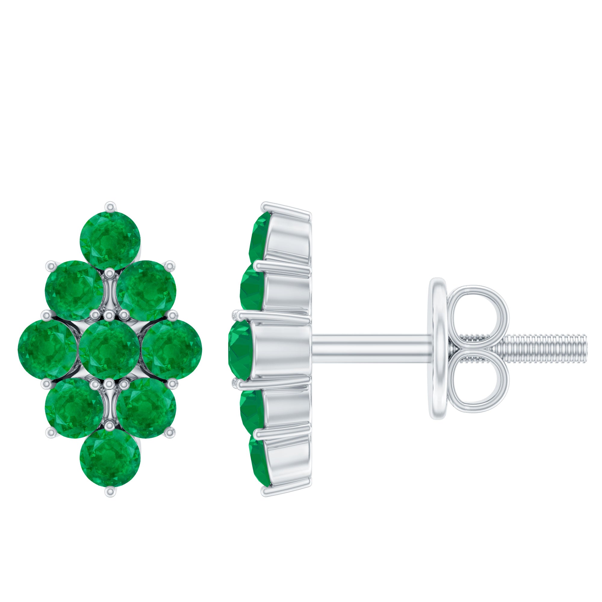 Natural Round Emerald Cluster Stud Earrings With Screw Back