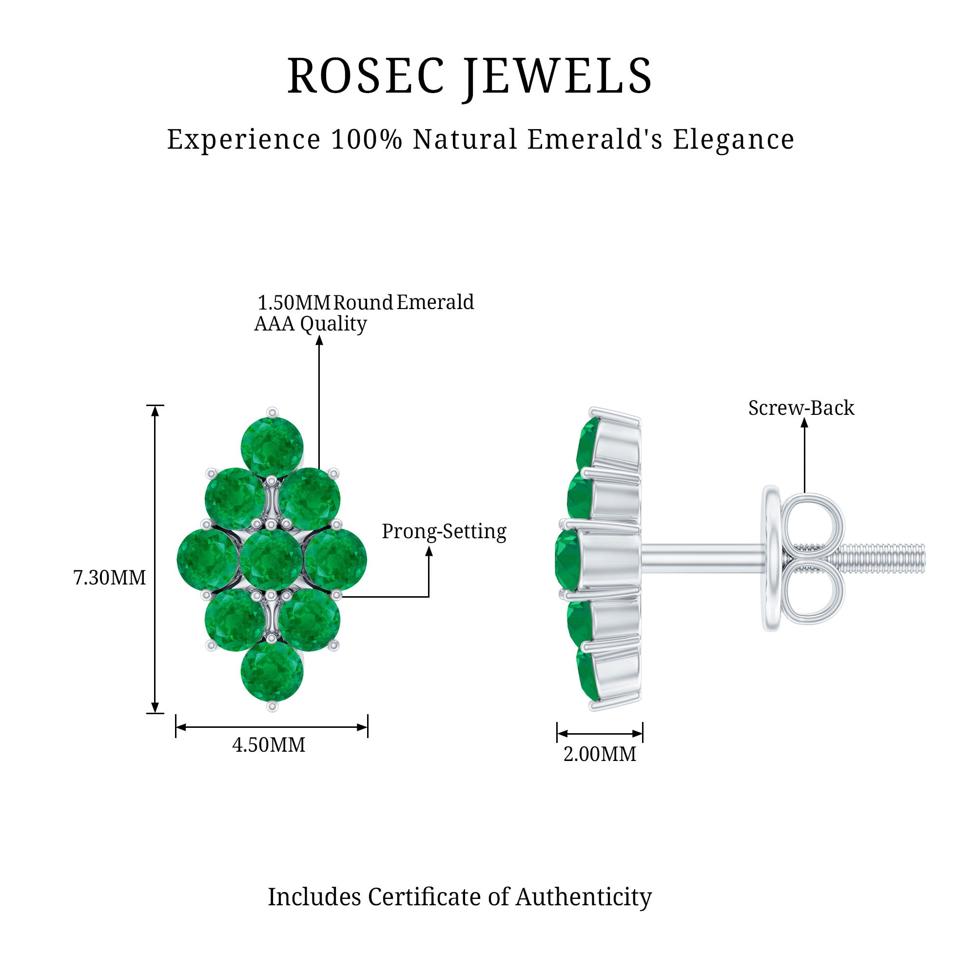 Natural Round Emerald Cluster Stud Earrings With Screw Back AAA - Rosec Jewels