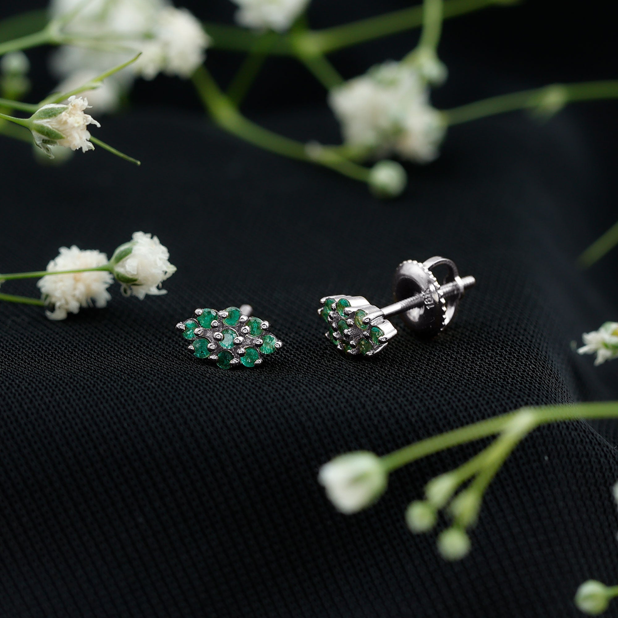 Natural Round Emerald Cluster Stud Earrings With Screw Back AAA - Rosec Jewels
