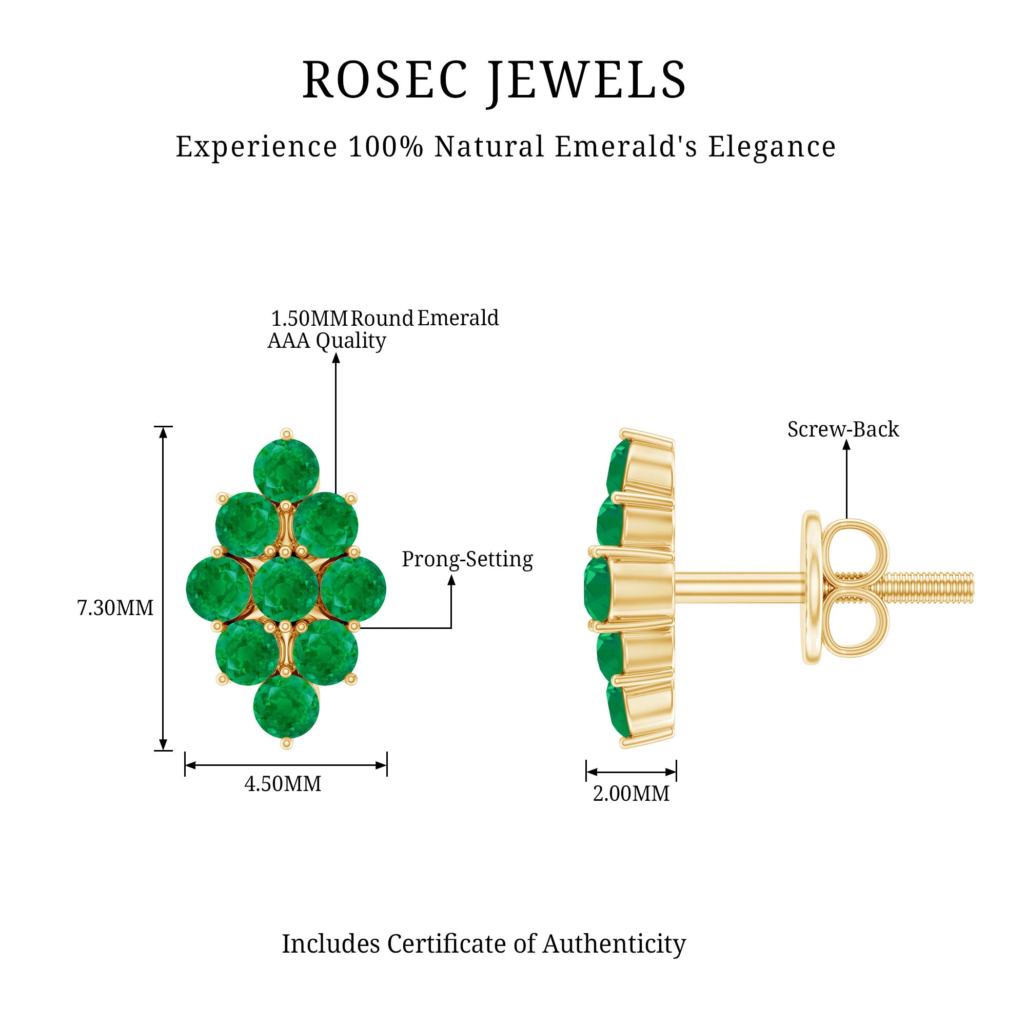 Natural Round Emerald Cluster Stud Earrings With Screw Back AAA - Rosec Jewels