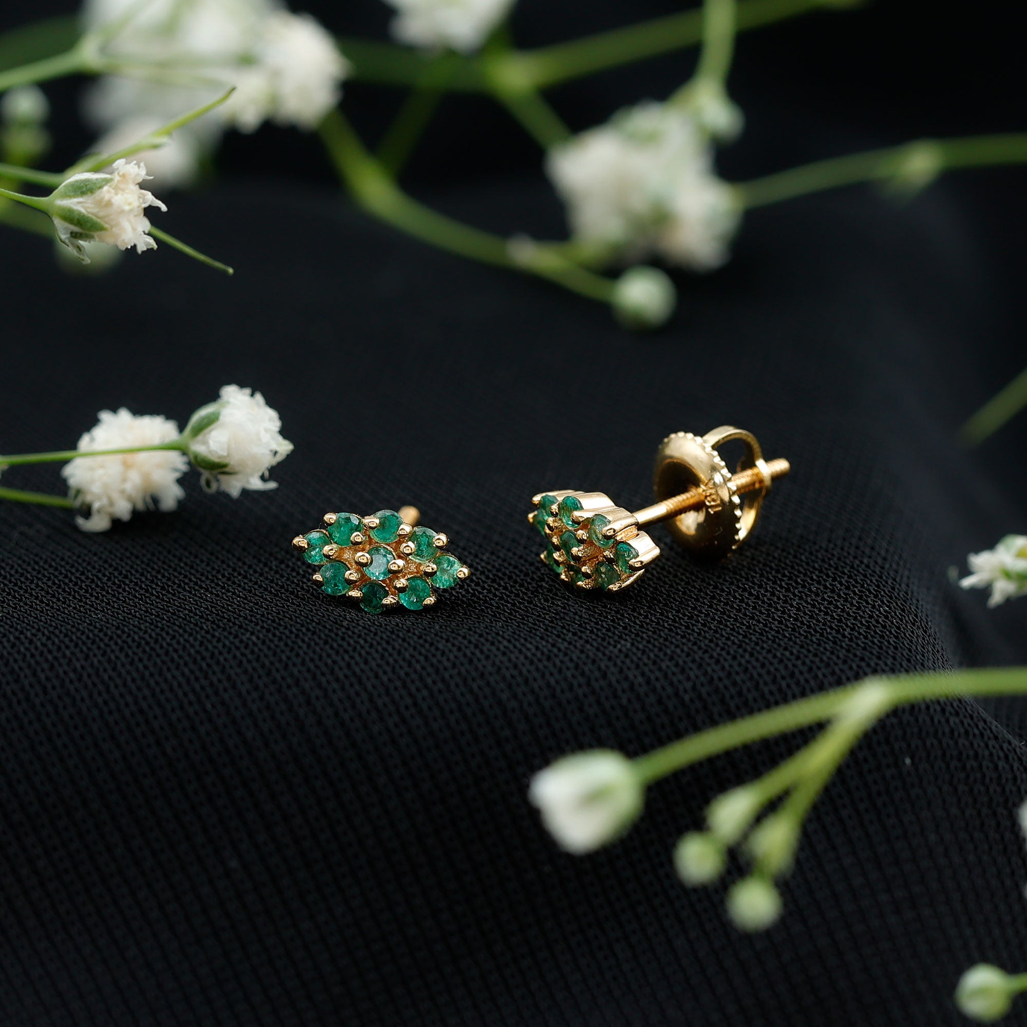 Natural Round Emerald Cluster Stud Earrings With Screw Back AAA - Rosec Jewels