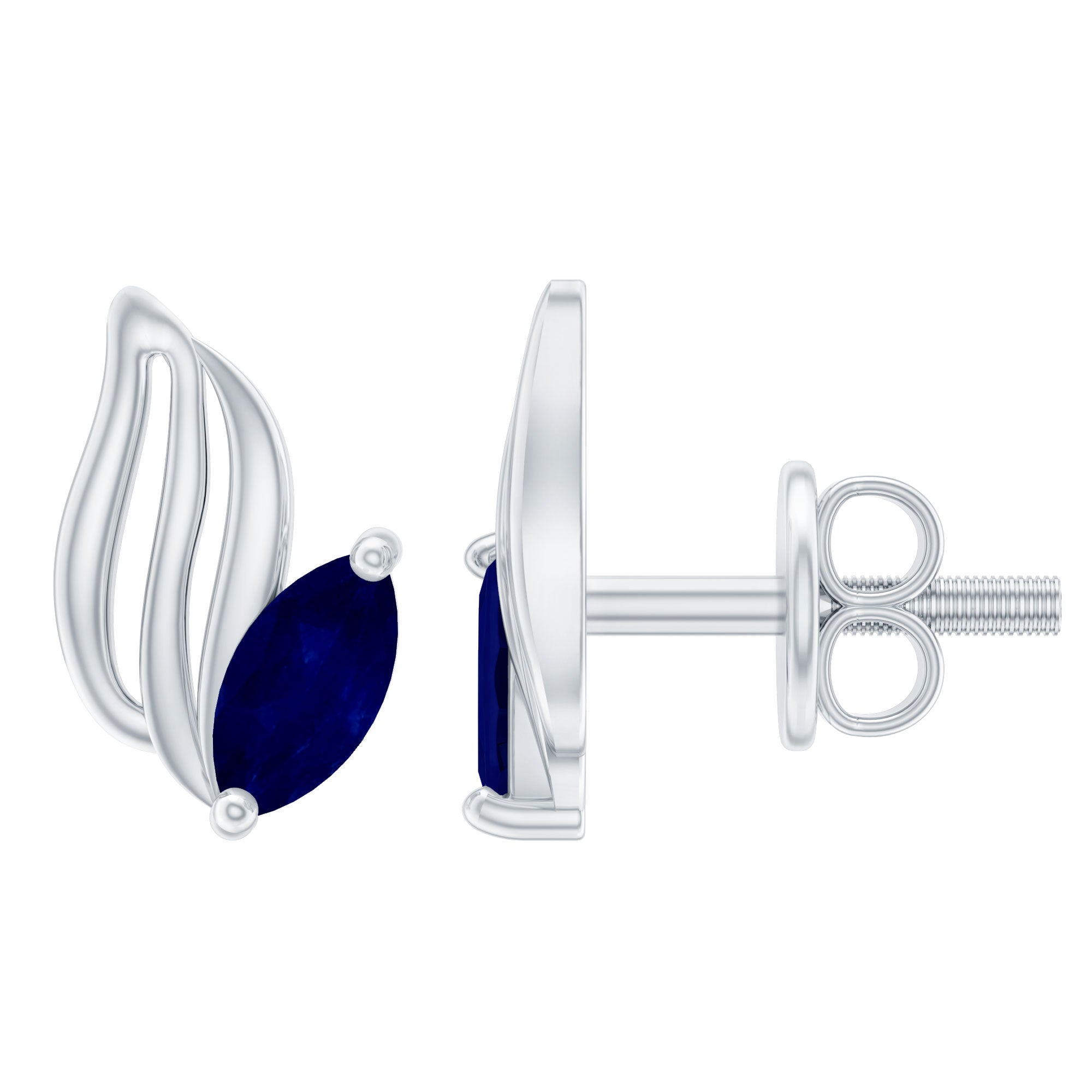 Rosec Jewels-Genuine Marquise Cut Blue Sapphire Leaf Stud Earrings in Silver