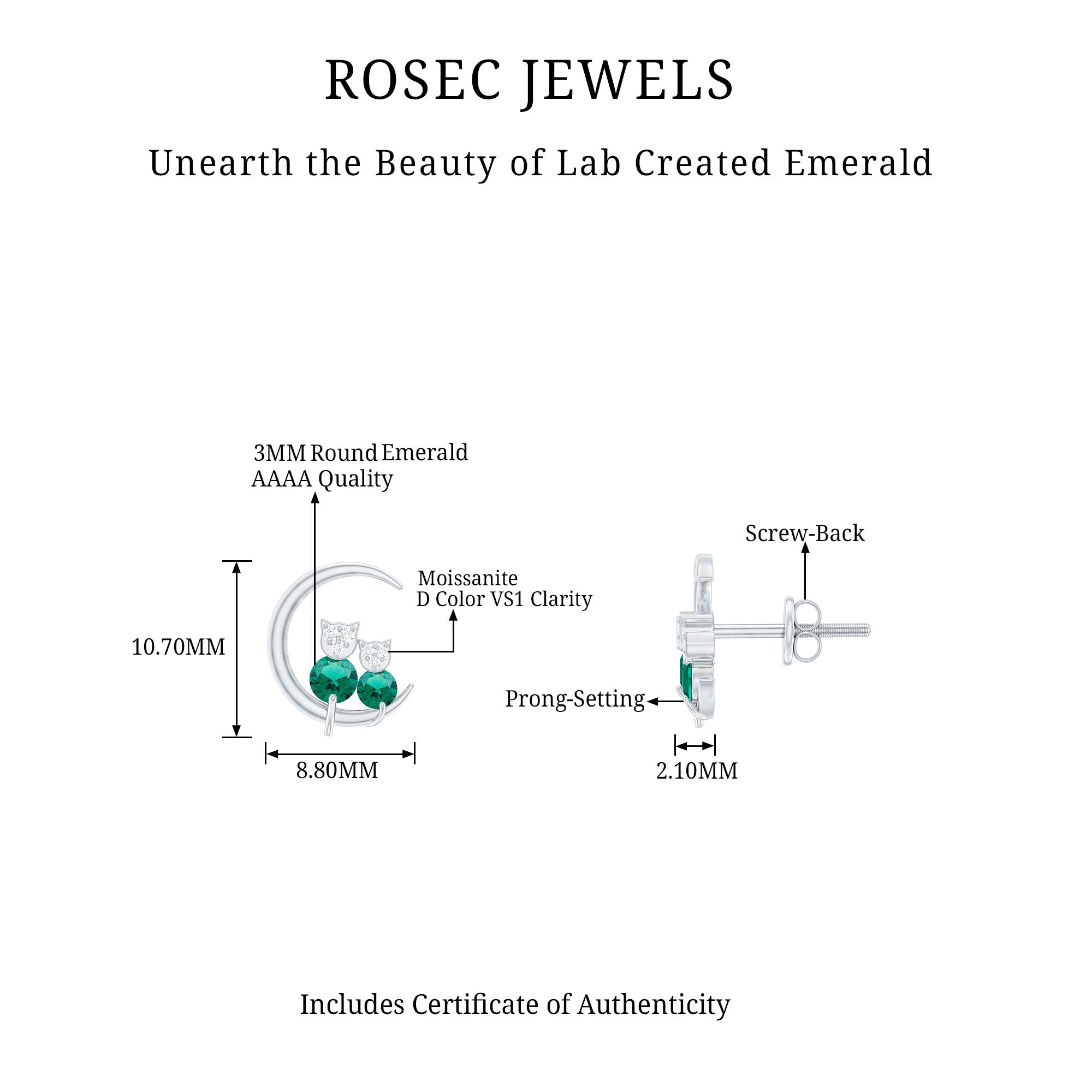 Lab Created Emerald Cat and Moon Stud Earrings AAAA - Rosec Jewels