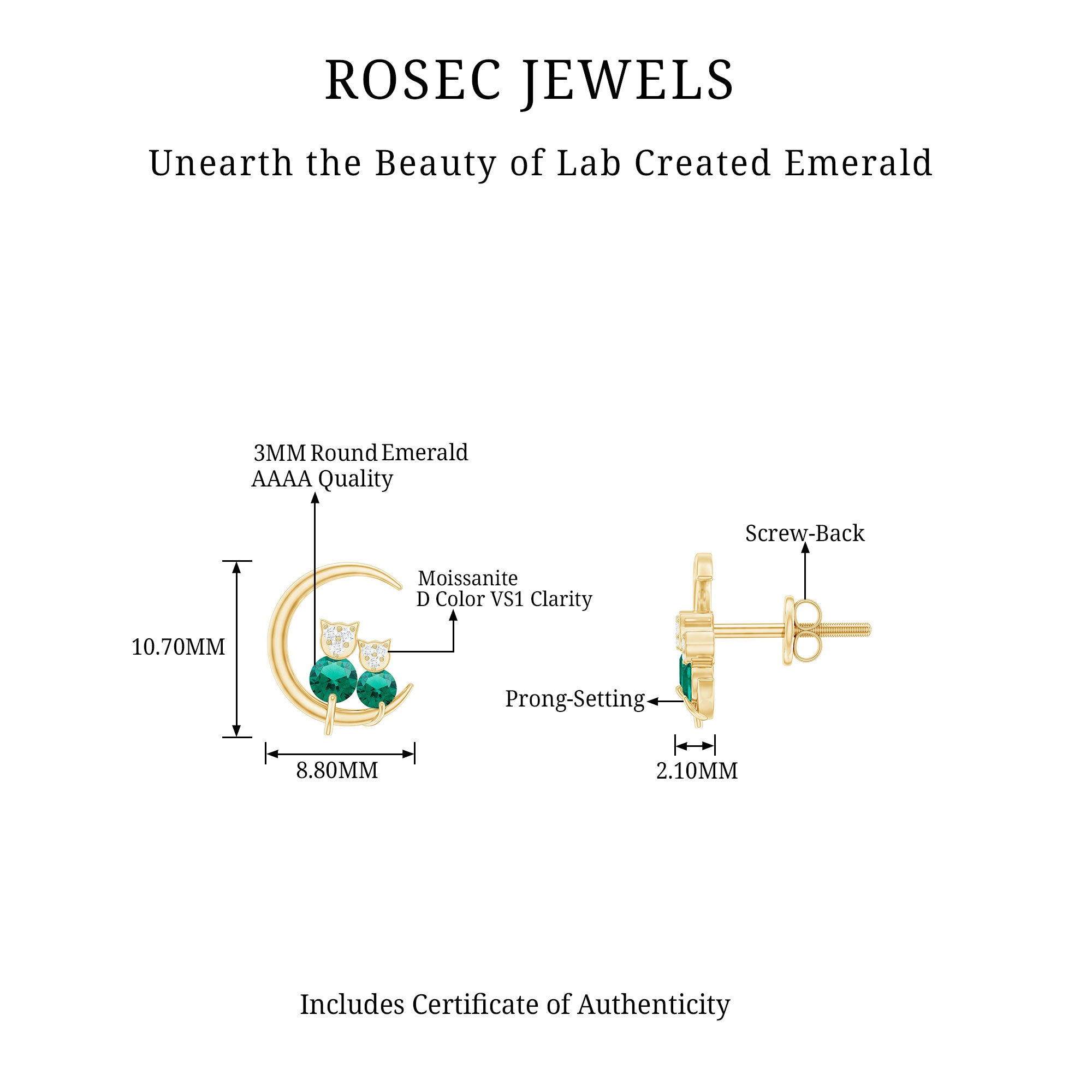 Lab Created Emerald Cat and Moon Stud Earrings AAAA - Rosec Jewels