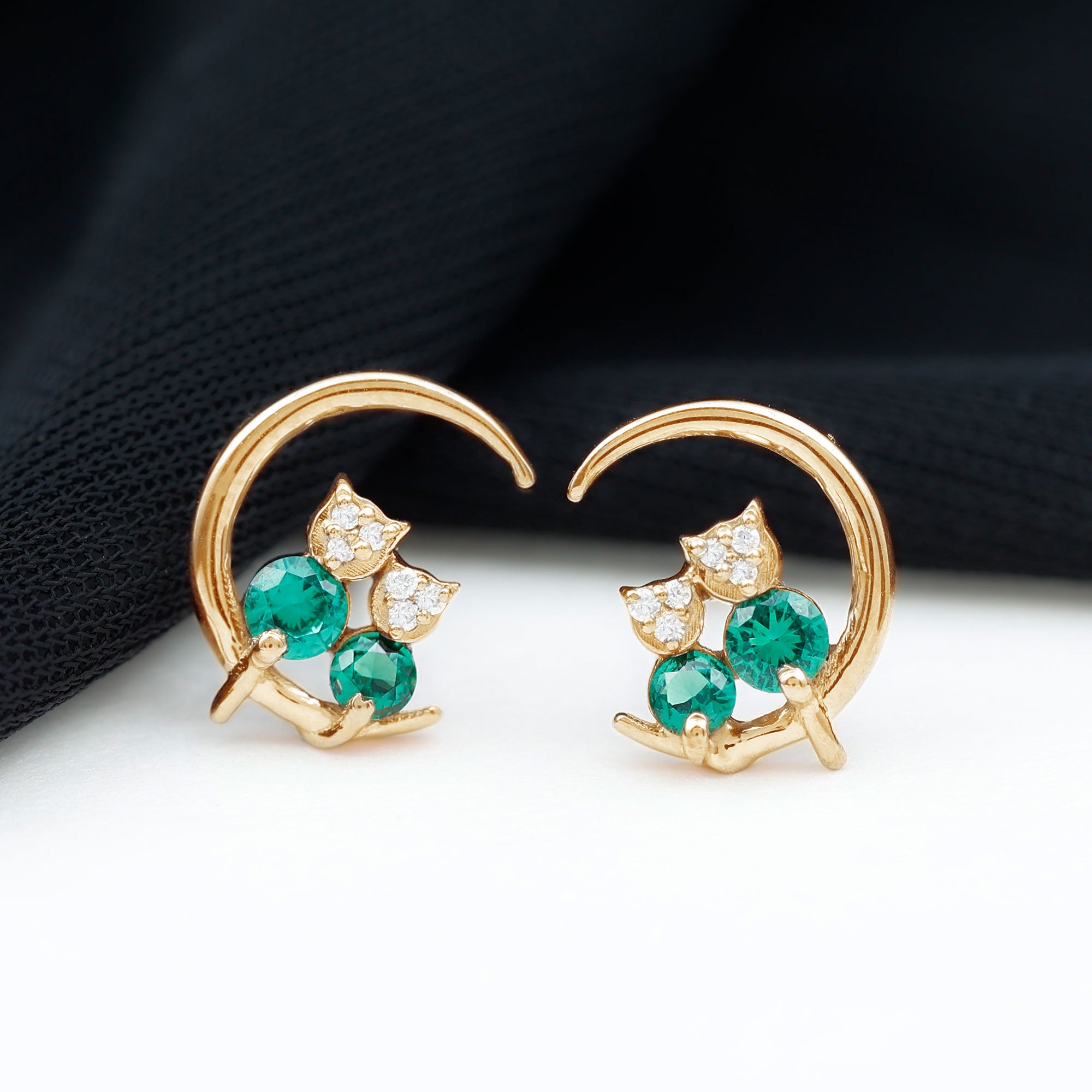 Lab Created Emerald Cat and Moon Stud Earrings AAAA - Rosec Jewels