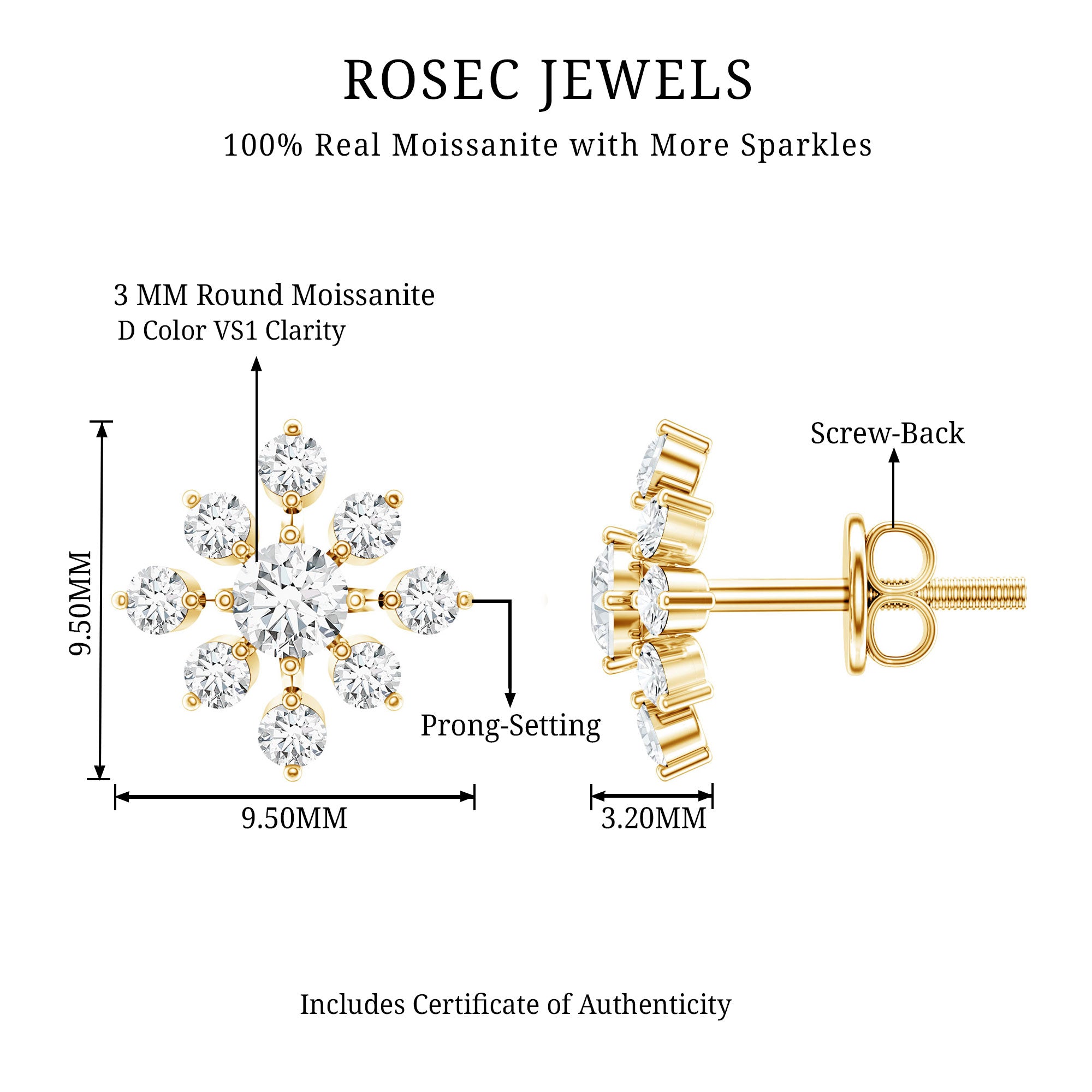 Certified Moissanite Floral Stud Earrings for Women D-VS1 - Rosec Jewels