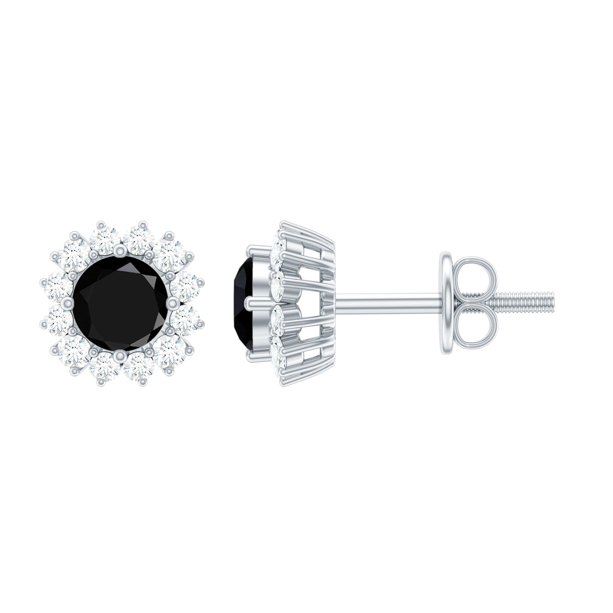 0.44 Carat Black Onyx and Diamond Halo Stud Earrings AAA - Rosec Jewels