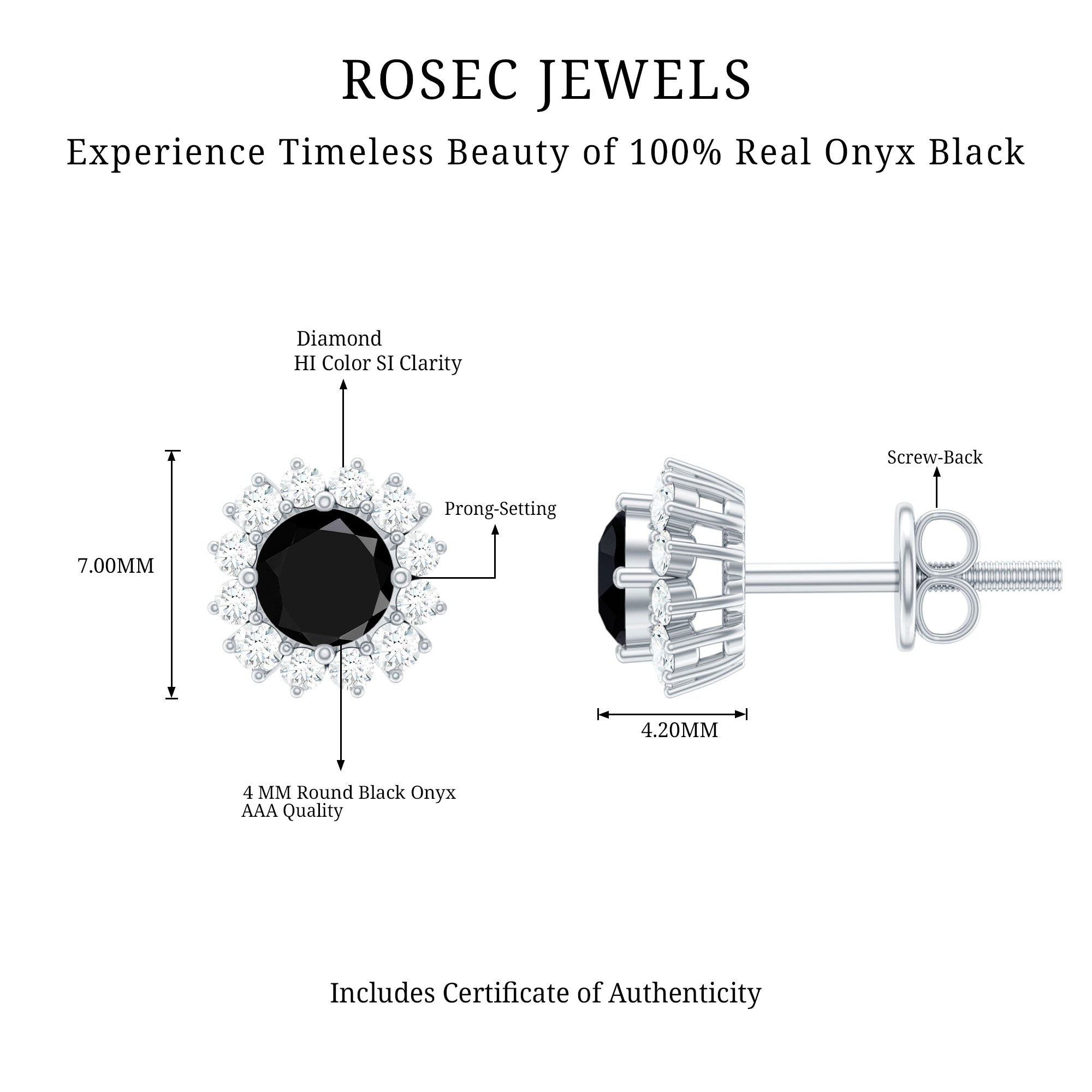 0.44 Carat Black Onyx and Diamond Halo Stud Earrings AAA - Rosec Jewels
