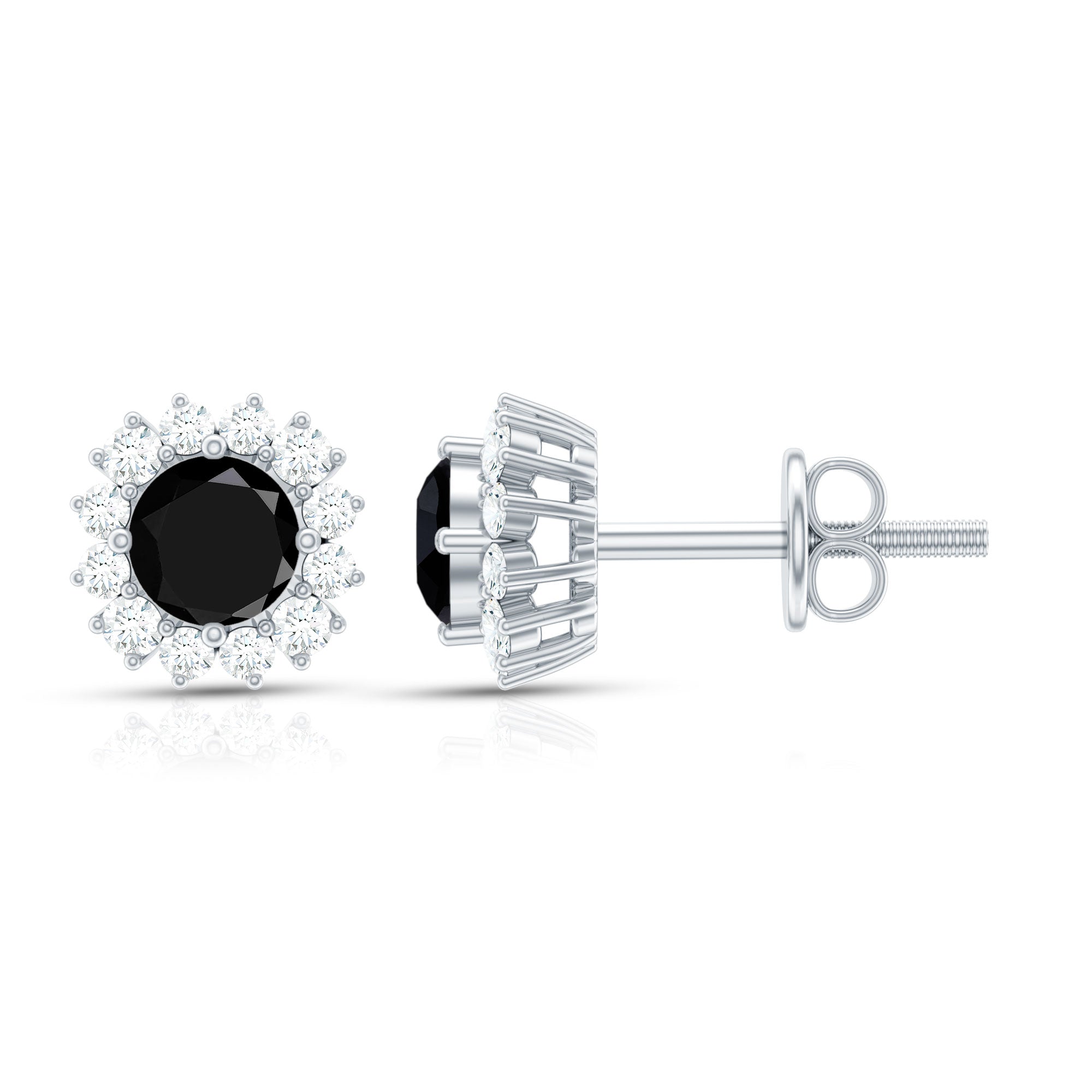 0.44 Carat Black Onyx and Diamond Halo Stud Earrings AAA - Rosec Jewels