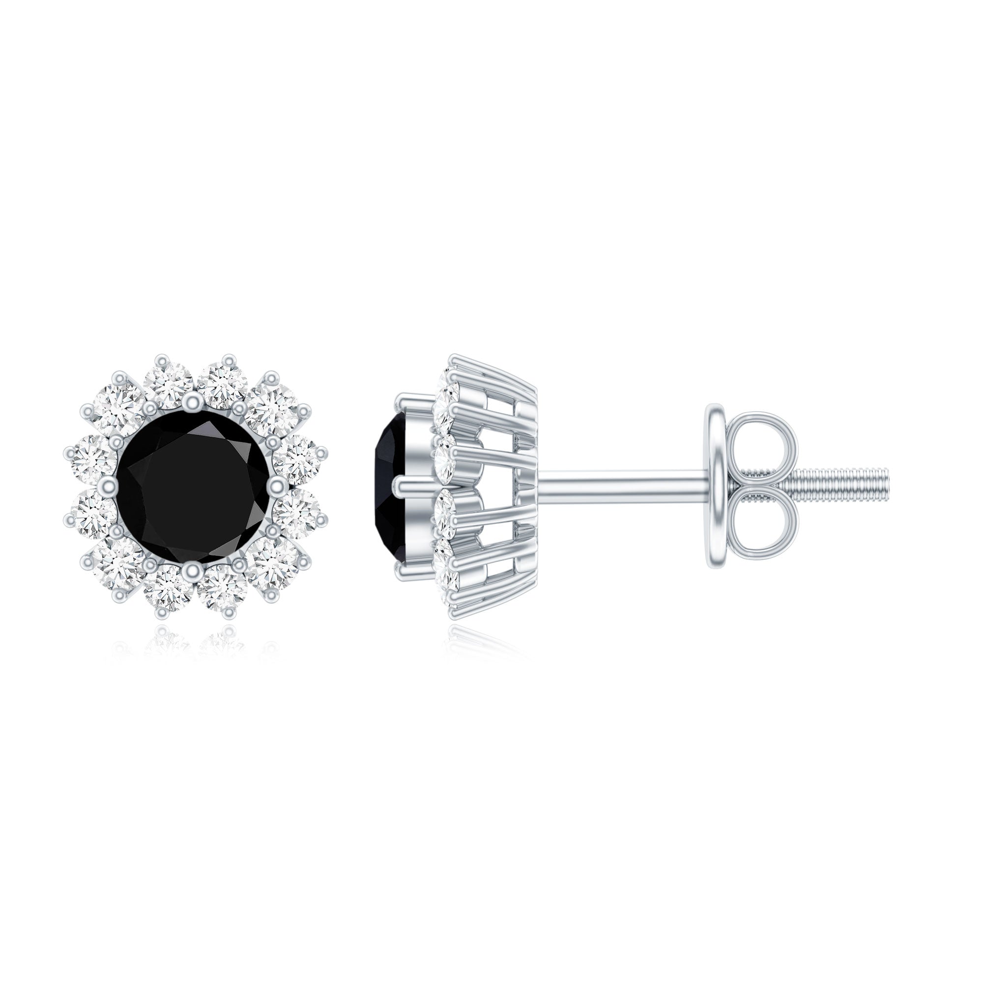 0.44 Carat Black Onyx and Diamond Halo Stud Earrings AAA - Rosec Jewels