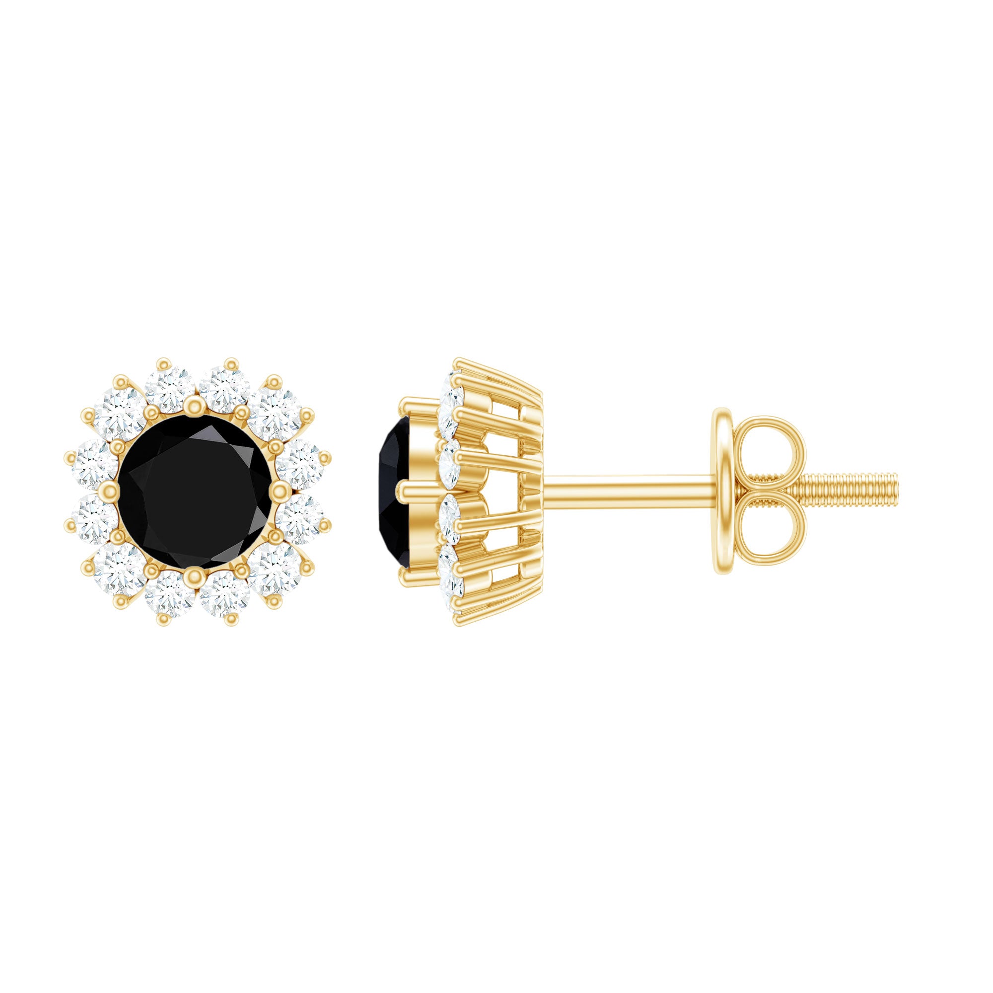 0.44 Carat Black Onyx and Diamond Halo Stud Earrings AAA - Rosec Jewels